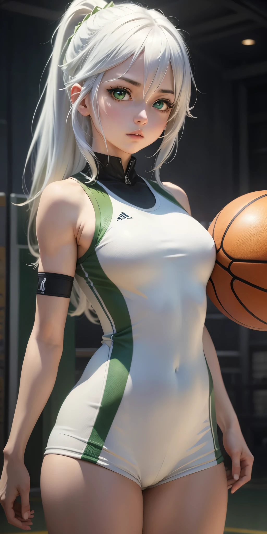 Masterpiece, anime CG, girl, white hair, wheat-colored skin, bodysuit, sports girl, wearing basketball uniform, smooth texture, silk texture, green pupils, perfect eyes