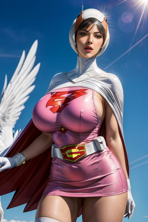 (masterpiece,highest quality:1.2),(Realistic, photo-Realistic:1.4),RAW Photos,High resolution,Very detailed, Intricate details, Portraiture, View Viewer,
Year_Classic_Jun_Gatchaman_My Waifu, Jun the swan,
alone, One girl, A stunning young woman is standing, (Huge breasts,Super big boobs:1.2), Detailed face, Fine grain,
visor, Helmet, White Cape, Elbow hand pockets, White gloves, belt, Thighs, White legwear, Superhero, Spacesuit, Short dress, Pink Dress, Pink leotard, Pink Skirt,
Photo Background, Outdoor, Daytime, sunny,
