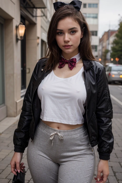 beautiful young girl with brown hair, 20 years old, delicate makeup, slim figure, large breasts, perfect figure, white T-shirt with a bow tie, black dusty jacket, long pants, a rose in her hand