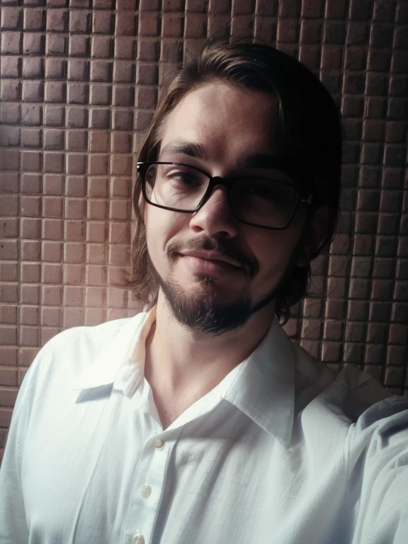 there is a man with glasses and a white shirt posing for a picture, with a nerd glasses and goatee, with a nerd! glasses! and goatee, with glasses and goatee, The picture is very, very low quality, portrait in the middle of the shot, 1 / 2 head shots, shot in the chest, without a beard, Photo on phone, Self-portrait of stable diffusion, 1 / 4 headshots