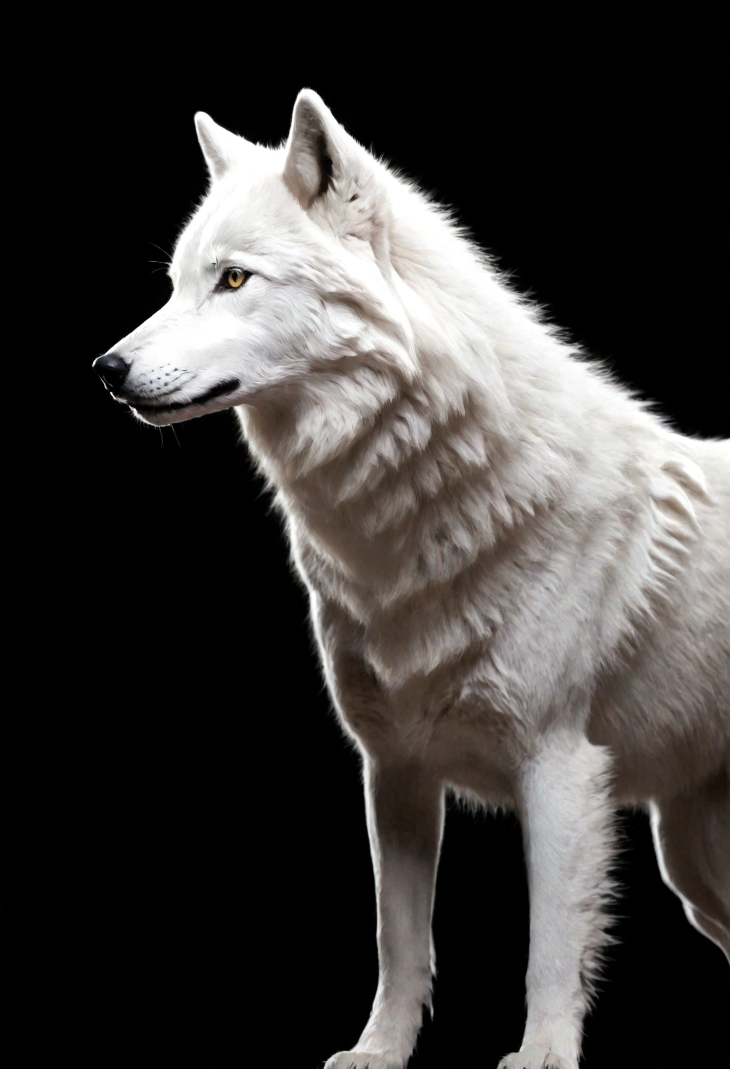 White silhouette design of a single wolf,Black Background,Beautiful silhouette,looking at the camera,Biologically correct