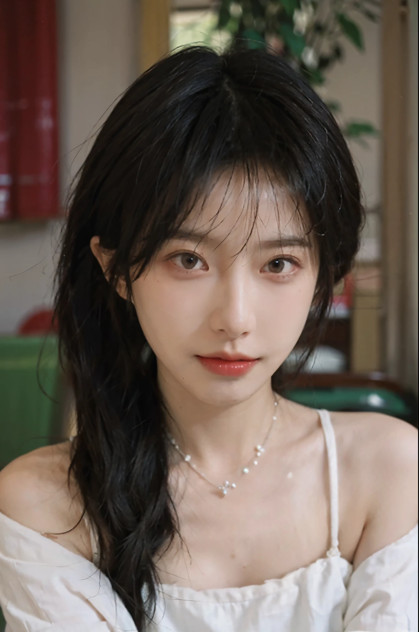 Film portrait photography, 1 girl, bare shoulders,lipstick，（flat chest：1.4）， Shoulder length wavy hair, wear necklace，headband，earrings，short sleeves，serene, calm, (Realistic and detailed eyes, natural skin texture, Realistic facial details), Soft dramatic lighting, depth of field, Bokeh, Vibrant details, Detailed and detailed, surreal, 35mm film, hazy, ,
