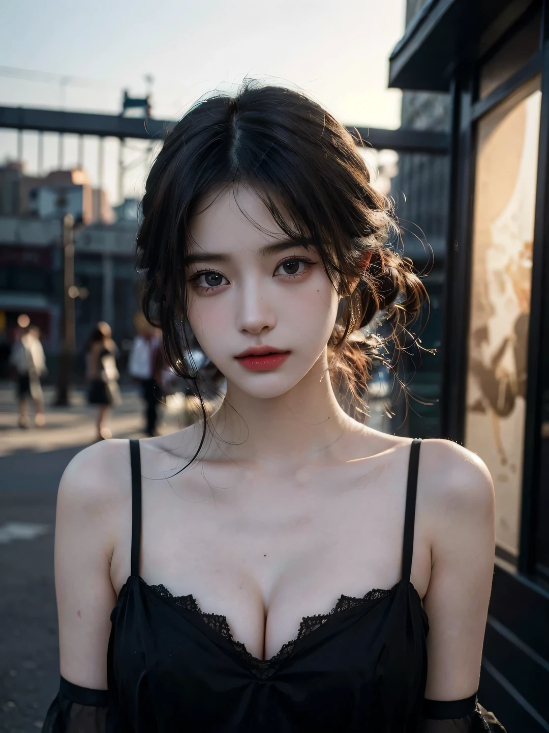 1girl, (looking at viewer:1.2), detail face, (a girl standing, rending on cgsociety, black shadows, streaming, new york backdrop), romanticism, atmospheric, (RAW photo, best quality), (realistic, photo-realistic:1.3), masterpiece, an extremely delicate and beautiful, extremely detailed, D cup,Cleavage,Translucent tube top1.5,Exquisite eye details,