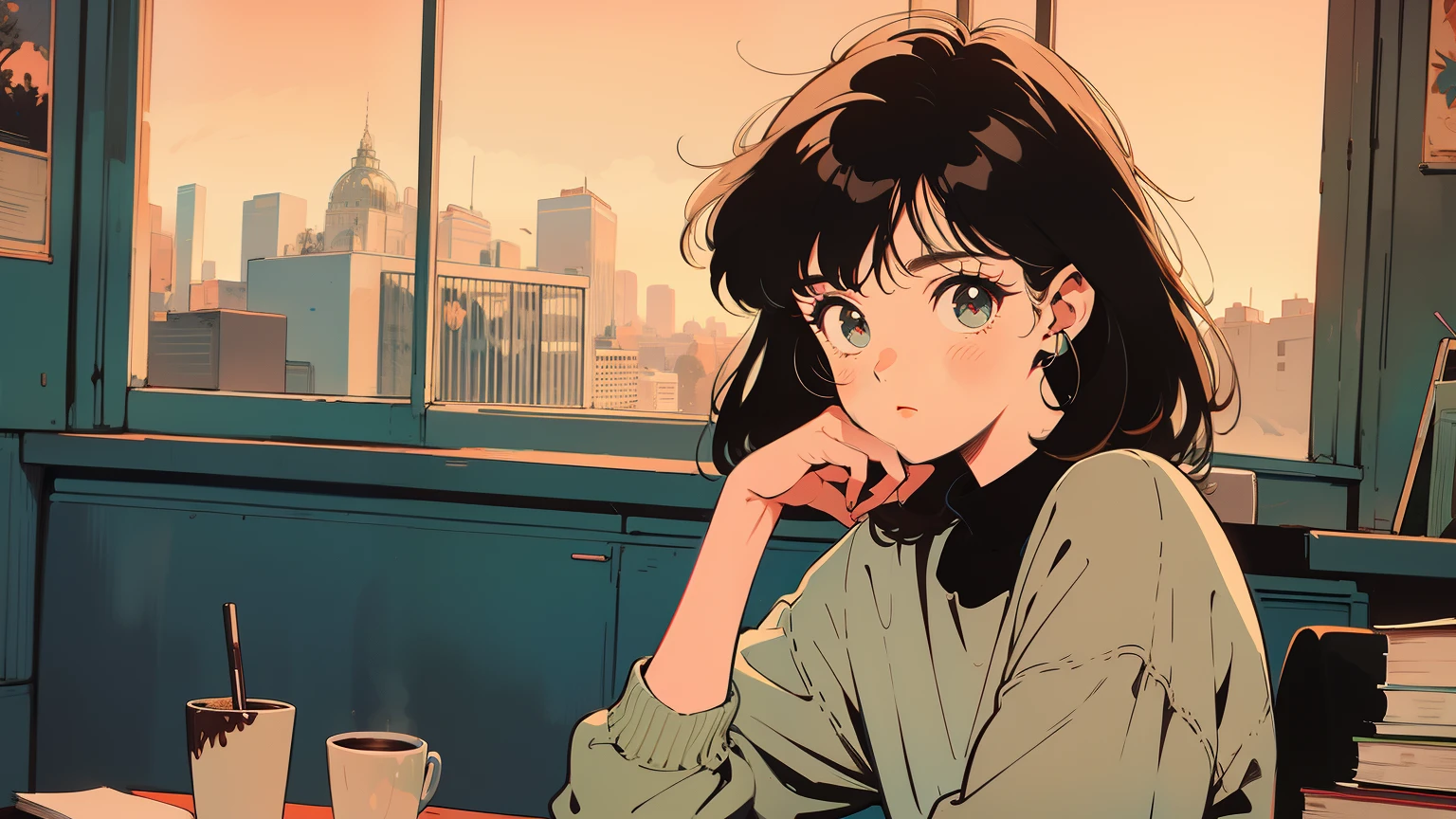 best quality, 4K wallpaper, masterpiece, extremely detailed CG unity 8k wallpaper, extremely detailed eyes, ultra-detailed, intricate details, Brown-haired girl, a cup of coffee, lots of books, comfortable atmosphere, retro, city, night view window