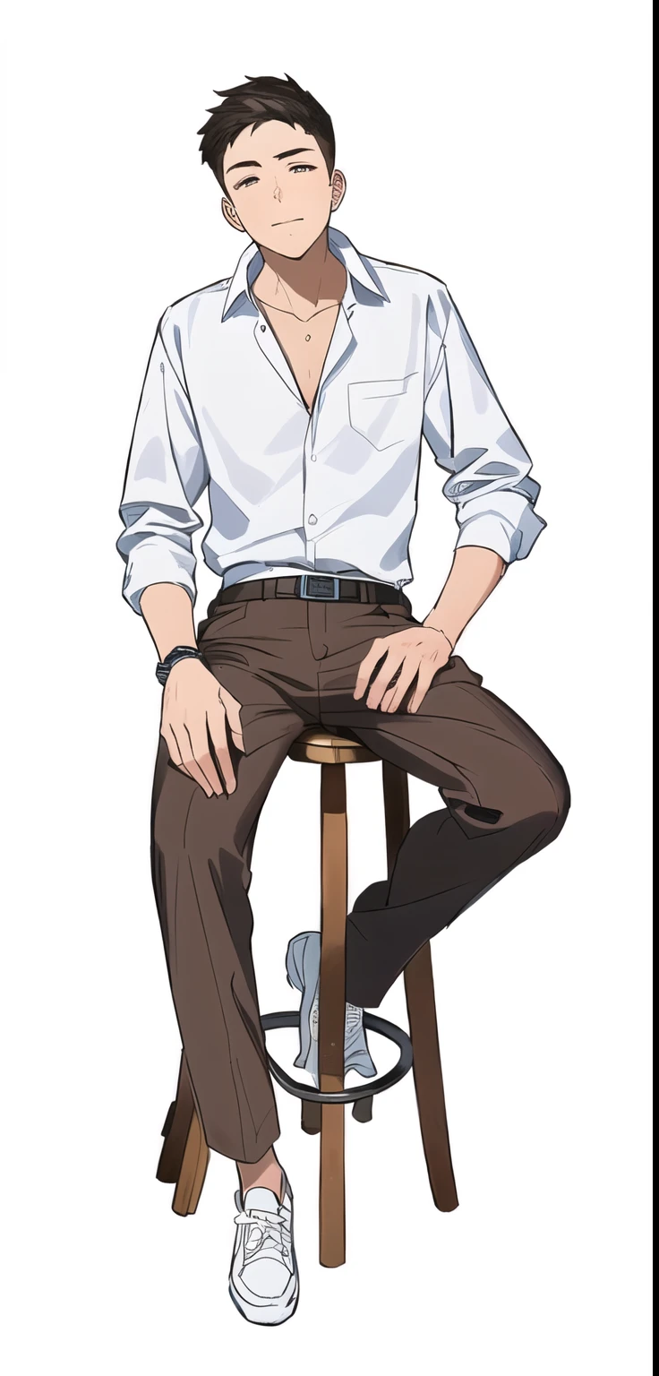 arafed man sitting on a stool with his hands on his hips, sitting on a stool, wearing white shirt, wearing a white shirt, sitting on a chair, sitting on chair, sitting on designer chair, seated on wooden chair, sitting on a table, wearing a white button up shirt, wearing a light shirt, sitting on man's fingertip anime boy cool style skin white