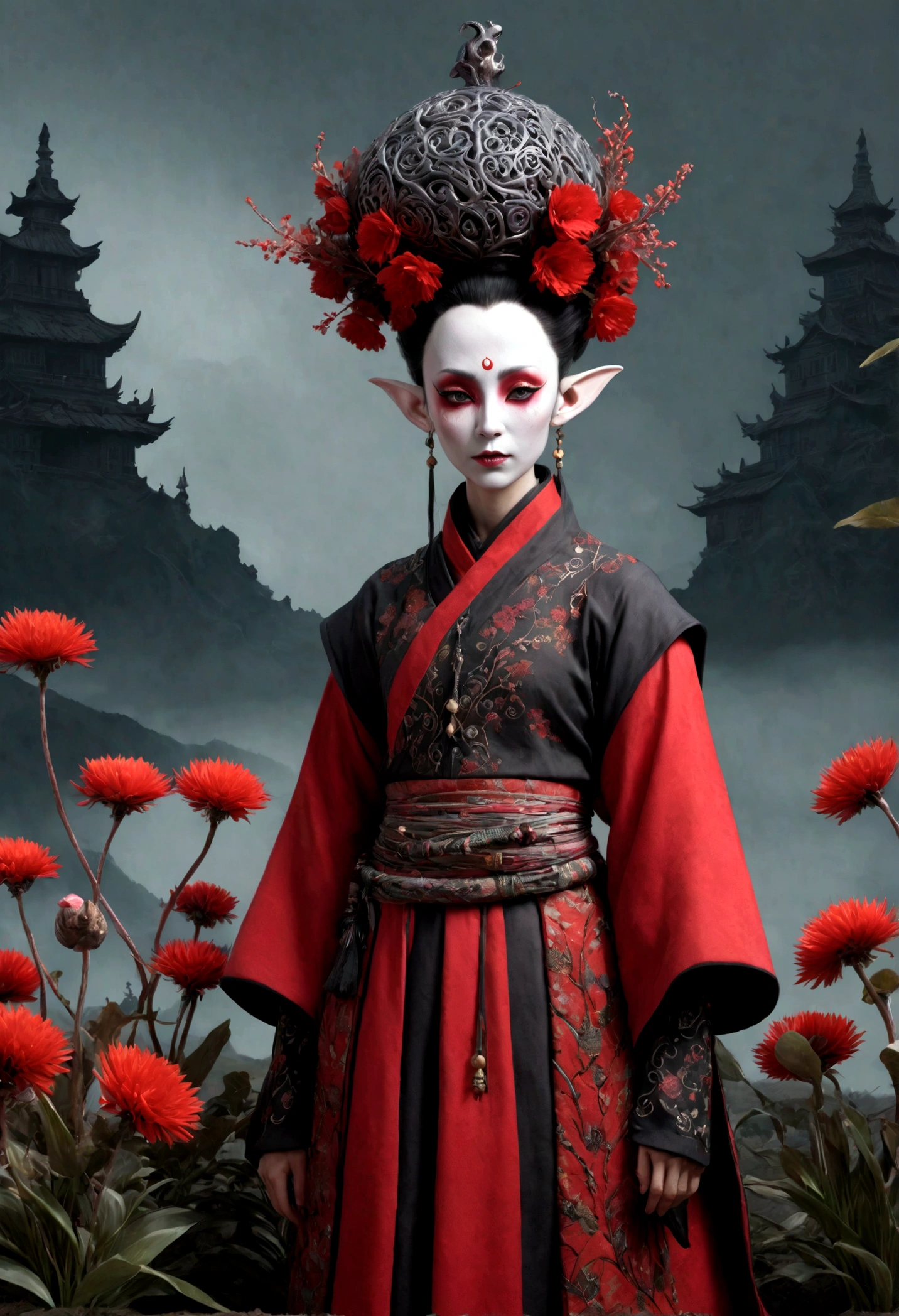 heght view ,junkie elf,hanfu,once pretty face,eyebrow up,full body shot,ominous landscape,glate gray atmosphere,wariza,Bun Hair,(Folk clothes:1.5), long dress, pronounced feminine feature, Complex background,  [night landscape],junkie, red and black, organic outfit with a curved mask and a glass dome visor, organic surrounding dead flowers and plants,fashionable alien  heroine, vespertine, futuristic clothing and glass, movie still, avante garde design stylings inspired by red and black squares and curves(Intricate:1.4), decadent,prime colors,extremely detailed, masterpiece,intricate details,faded,eyes extremely detailed, insane details, intricate details, hyper-detailing,full-body-shot,  Technicolor,natural skin textures, hyper realisitc, hyper detailed,High contrast,Masterpiece,Realistic,Ultra Detailed,intricate details,realistic humid skin,extremly intricate,Epic Realistic, Romantic, cinematic style,by art irina yermolova,orc, messy hair,masterpiece, high detailed eyes,8k resolution,RAW, Nikon Z9,by jimmy chin,by art Simon Stalenhag,Nicola Samori,Wangechi Mutu,Lisa Frank,(professional 3d render:1.3)
