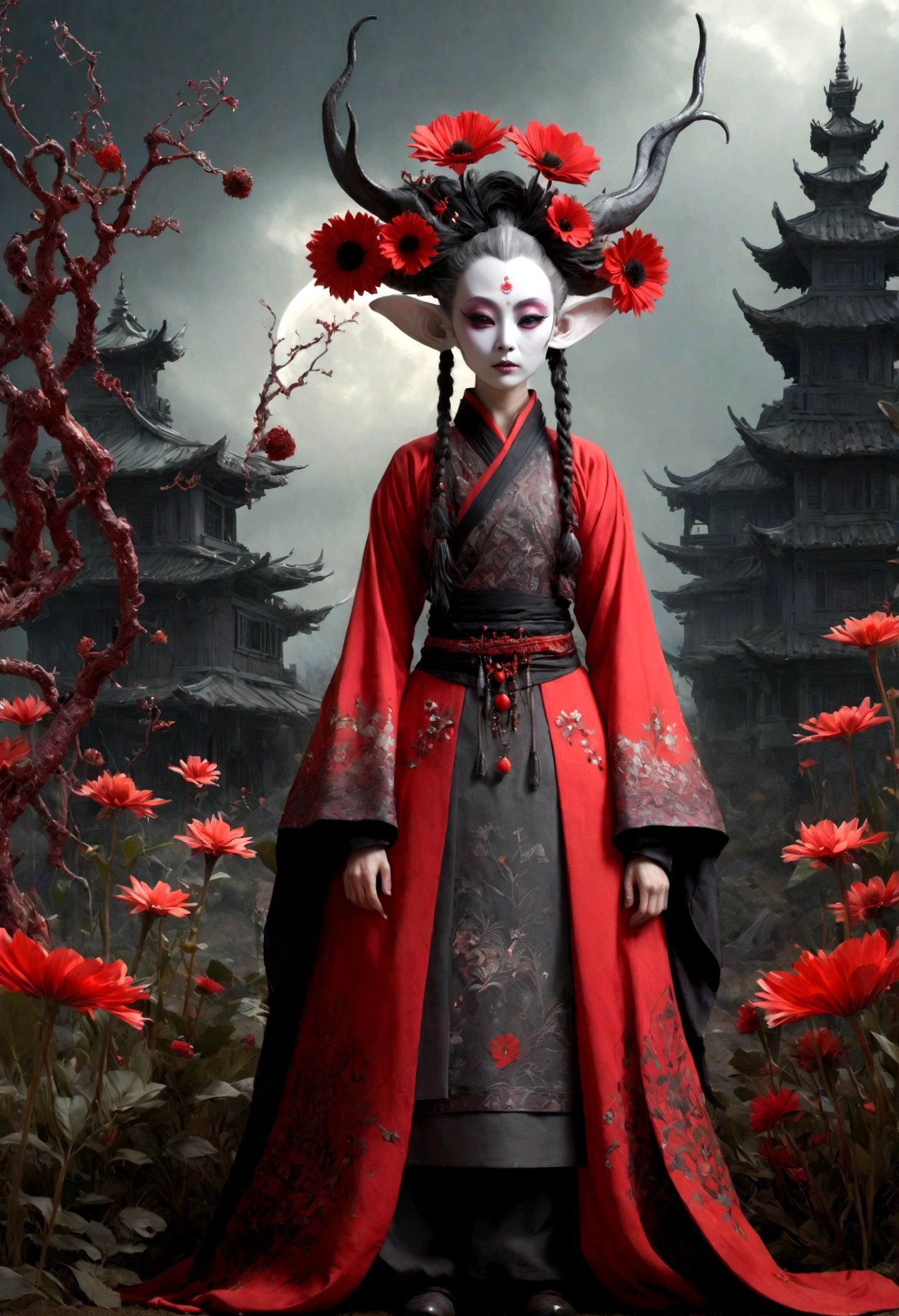 heght view ,junkie elf,hanfu,once pretty face,eyebrow up,full body shot,ominous landscape,glate gray atmosphere,wariza,Bun Hair,(Folk clothes:1.5), long dress, pronounced feminine feature, Complex background,  [night landscape],junkie, red and black, organic outfit with a curved mask and a glass dome visor, organic surrounding dead flowers and plants,fashionable alien  heroine, vespertine, futuristic clothing and glass, movie still, avante garde design stylings inspired by red and black squares and curves(Intricate:1.4), decadent,prime colors,extremely detailed, masterpiece,intricate details,faded,eyes extremely detailed, insane details, intricate details, hyper-detailing,full-body-shot,  Technicolor,natural skin textures, hyper realisitc, hyper detailed,High contrast,Masterpiece,Realistic,Ultra Detailed,intricate details,realistic humid skin,extremly intricate,Epic Realistic, Romantic, cinematic style,by art irina yermolova,orc, messy hair,masterpiece, high detailed eyes,8k resolution,RAW, Nikon Z9,by jimmy chin,by art Simon Stalenhag,Nicola Samori,Wangechi Mutu,Lisa Frank,(professional 3d render:1.3)
