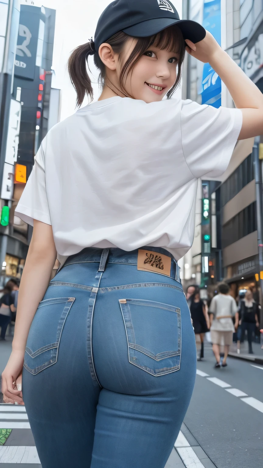 closeup shot , Best picture quality (8K, high resolution, Masterpiece: 1.2), super detailed,  215 Short Hair, 16-year-old woman, 

situation: Scene of walking through Shibuya Scramble Crossing in Tokyo。
clothing: Modern Street Fashion、For example, a logo T-shirt and high-waisted jeans、Sneakers on your feet。Wearing a cap、Hair in a ponytail。
angle: Shooting the scramble intersection from behind at an angle。The moment you cross the intersection、Captured walking with the bustling Shibuya in the background。We also recommend taking a bird&#39;s-eye view shot from above.。
Close-up of face

, random cute pose ,big eyes ,Puffy eyes ,  Heart Pupil, blush  , huge shy smile , salute

