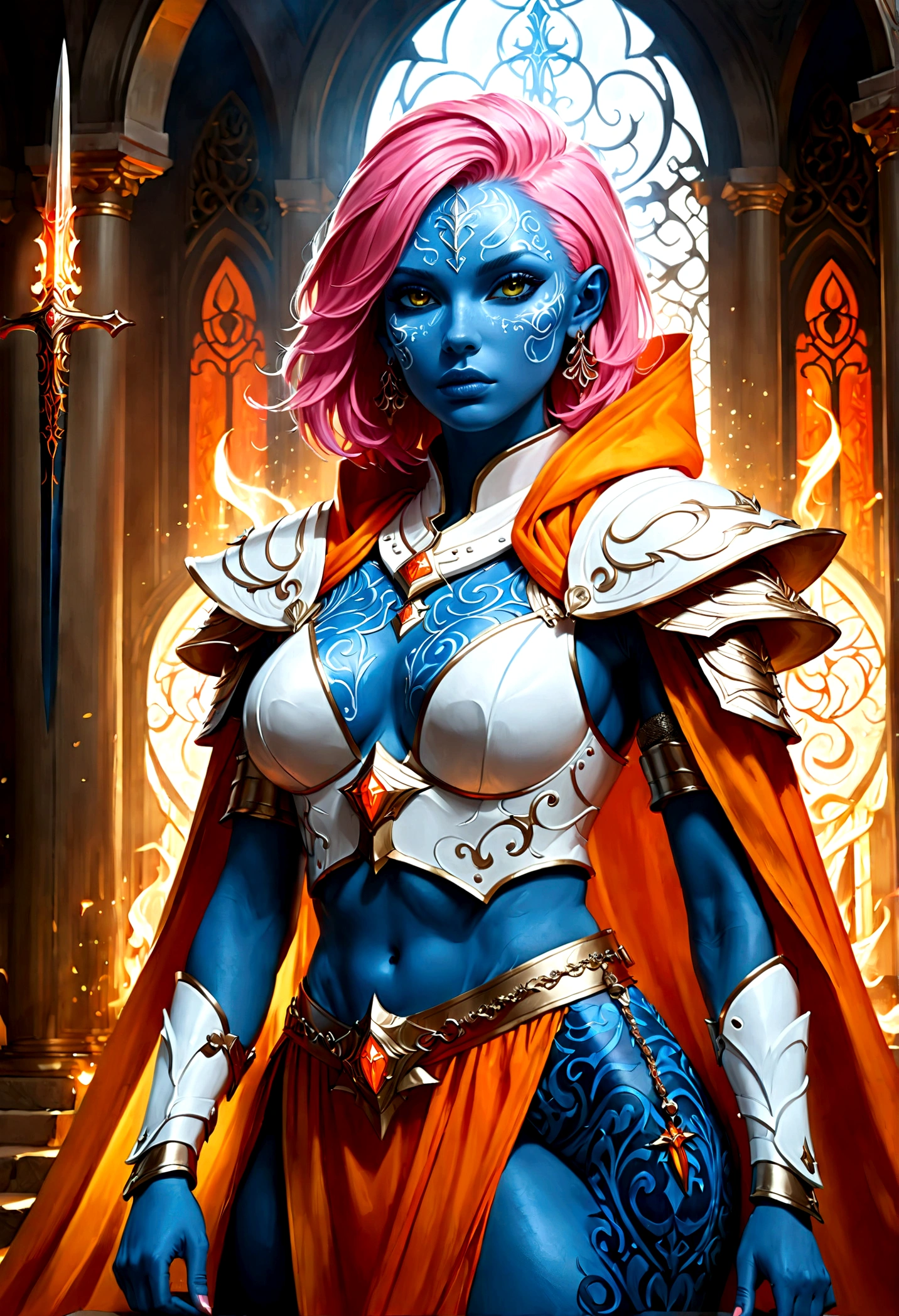fantasy art, dnd art, RPG art, wide shot, (masterpiece: 1.4) a (portrait: 1.3) intense details, highly detailed, photorealistic, best quality, highres, portrait a female human (fantasy art, Masterpiece, best quality: 1.3) ((blue skin: 1.5)), intense details facial details, exquisite beauty, (fantasy art, Masterpiece, best quality) cleric, (blue skinned: 1.3) female, (pink hair: 1.3), long hair, (no ears: 1.5), (green eyes: 1.3), armed with a fiery sword red fire, wearing heavy (white armor: 1.3), wearing high heeled laced boots, wearing an (orange cloak:1.3), wearing glowing holy symbol GlowingRunes_yellow, within fantasy temple background, reflection light, high details, best quality, 16k, [ultra detailed], masterpiece, best quality, (extremely detailed), close up, ultra wide shot, photorealistic, RAW, fantasy art, dnd art, fantasy art, realistic art,((best quality)), ((masterpiece)), (detailed), perfect face, ArmoredDress