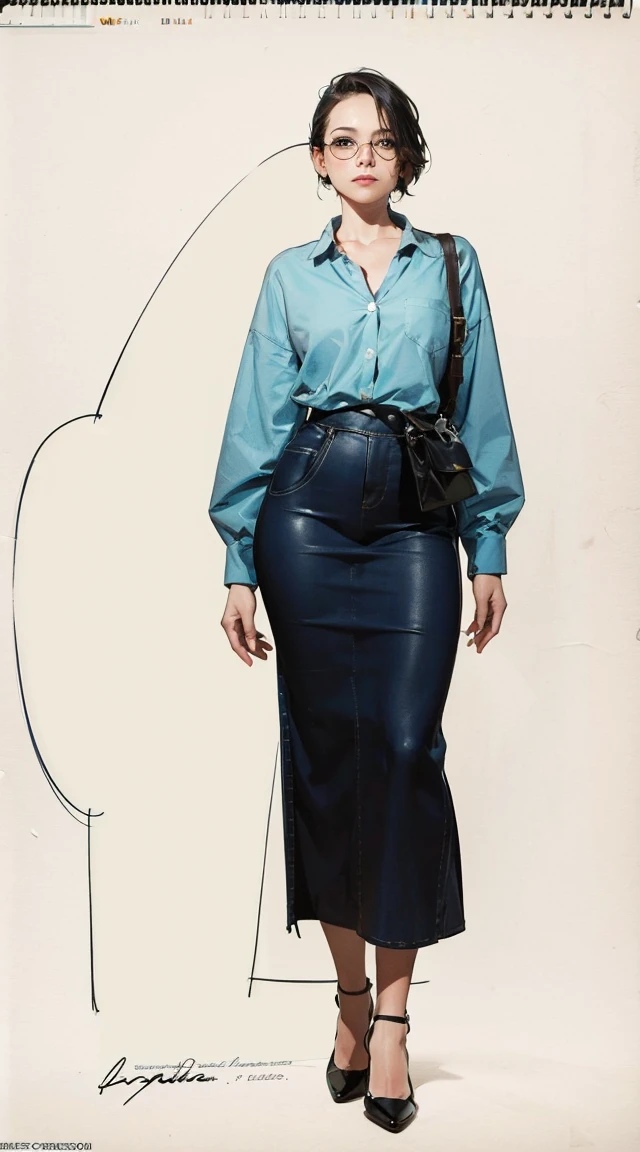 a drawing of a standing beautiful girl with glasses, a character portrait by Farel Dalrymple, featured on tumblr, figurativism, criterion collection, photoillustration, concept art, full body