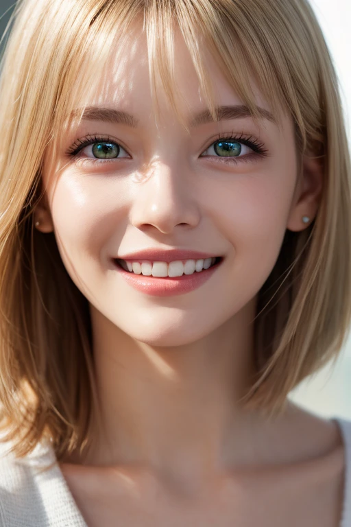 Realistic photo of a beautiful woman, 23 year old, smiling, blond short hair, big green eyes, fair skin,intricate detailed face, high quality face close up, volumetric lighting