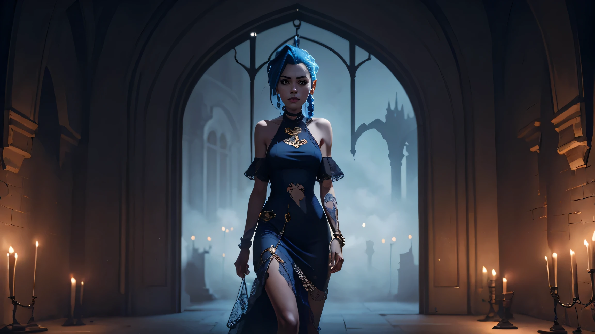 ((art)), ((detailed)), Jinx, wearing a lace dress, inside a castle, fog, neat hair, two braids, ((Perfect Anatomy)), detailed scenery, realistic, UHD, 8K