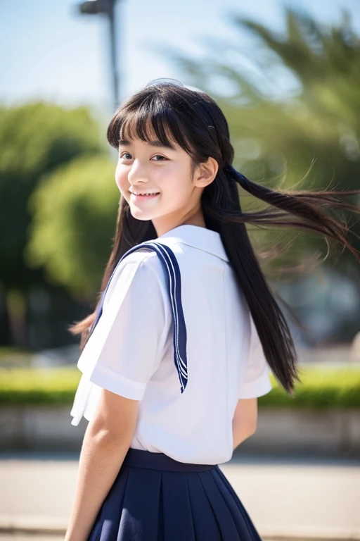 girl Looking back and looking at viewer smile whole body Sailor suit slender Very long black hair Strong winds Her hair and skirt are flying in the wind Neat and clean beauty face