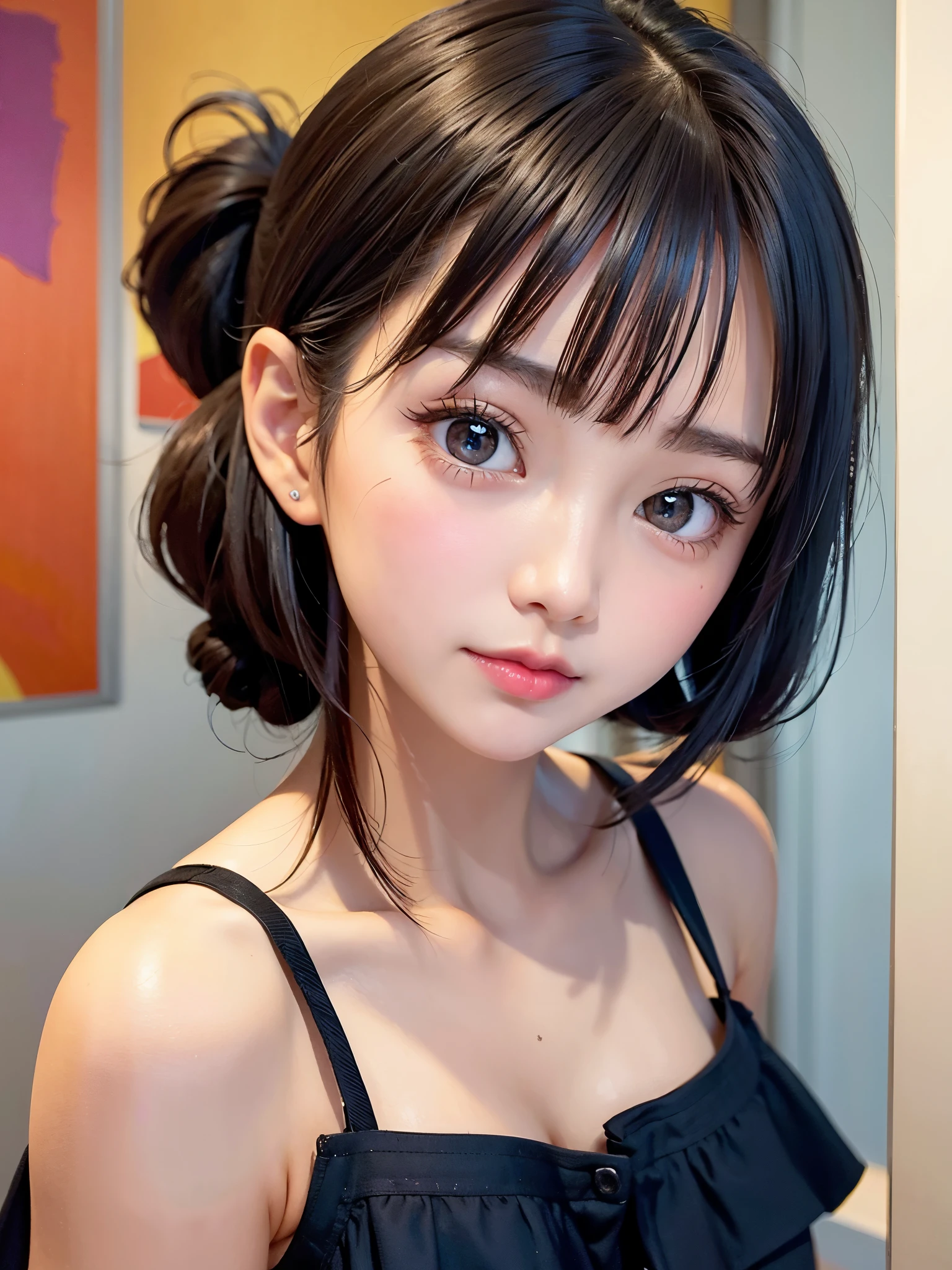 One Girl，Very cute girl at 15 years old，Big eyes，The face is facing straight ahead，Body facing forward，Beautiful nose，Fuller lips，Short black hair，ponytail，Detailed eyelashes，Thin eyebrows，Symmetrical eyes，Face close-up，White swimsuit，Portrait，View Viewer