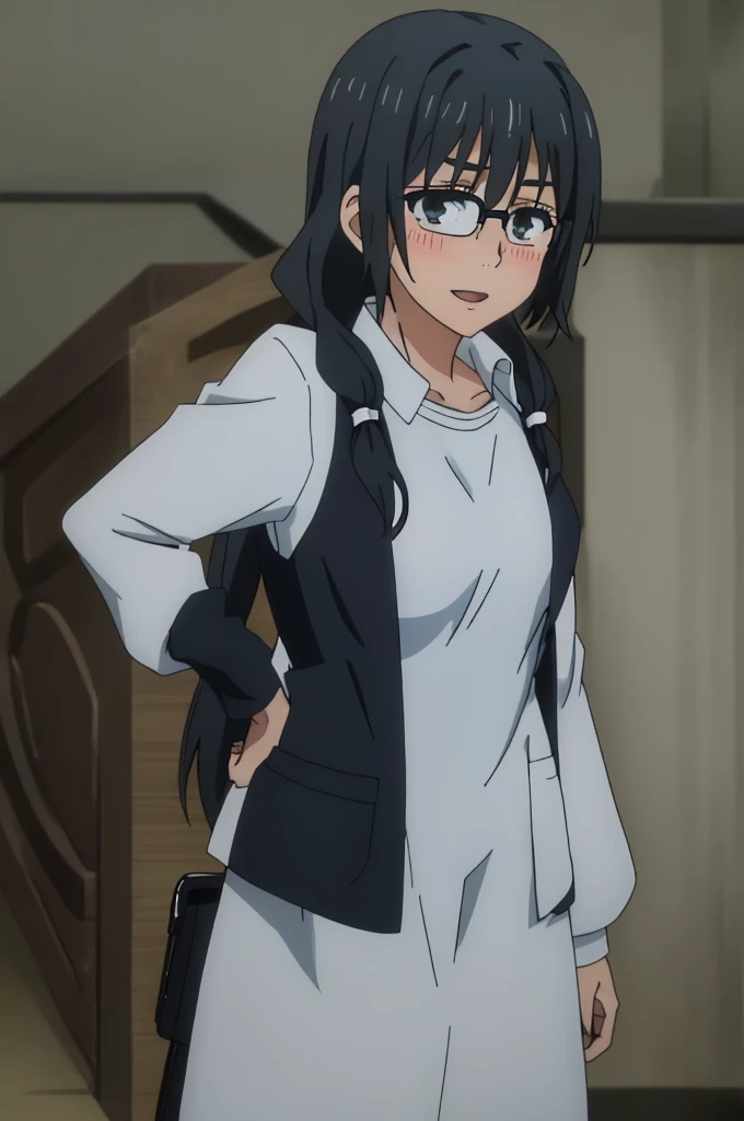 score_9, score_8_up, score_7_up, source_anime, rating_safe, high quality, anime screencap, anime coloring, depth of field, 1girl, black eyes, black hair, eyeglasses, lightly tanned skin skin, solo, Space western, jujutsu_kaisen_style, shoulder length hair, straight hair, bangs, fringe, cute, small breasts, full body, happy, light blush, facing the camera, leaning forward, kawaii hairclips, low pigtails, skinny