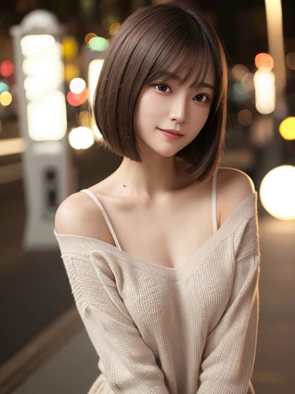 masterpiece, highest quality, High resolution,alone,Brown,artistic,Best lighting,Casual clothing,Flat Chest,Beautiful Face,expensive,smile,light makeup,Age 24,Calm woman,Detailed Hair,Laughing woman,Face Focus,Bob Cut Hair,Very white skin,Thin eyebrows,Woman in casual dress,outside,night,Background Bokashi,illumination,Low exposure