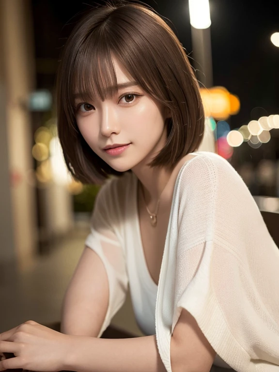 masterpiece, highest quality, High resolution,alone,Brown,artistic,Best lighting,Casual clothing,Flat Chest,Beautiful Face,expensive,smile,light makeup,Age 24,Calm woman,Detailed Hair,Laughing woman,Face Focus,Bob Cut Hair,Very white skin,Thin eyebrows,Woman in casual dress,outside,night,Background Bokashi,illumination,Low exposure