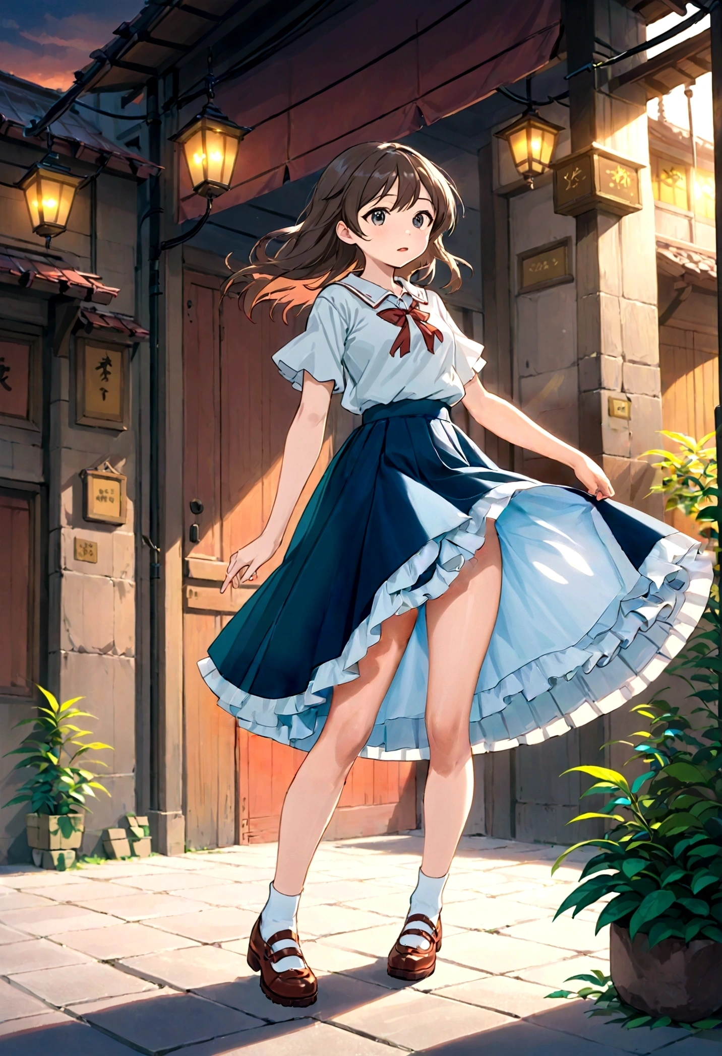 A skirt puffed up by the strong wind、、Skirt that is flipped、Trailing behind、
裏地がI can see it 、White lining、I can see it、Anime White Panties、Crotch is visible