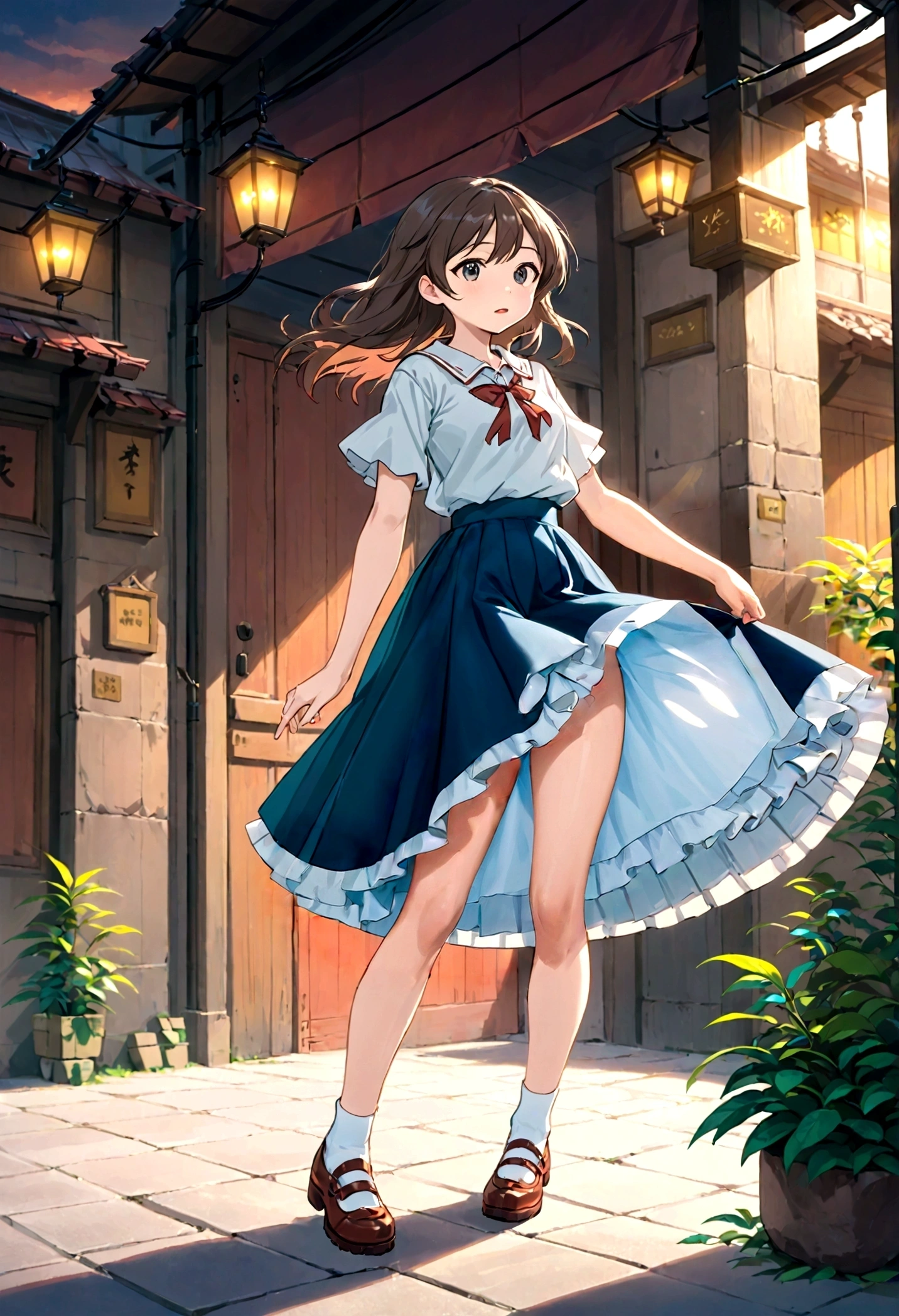 A skirt puffed up by the strong wind、、Skirt that is flipped、Trailing behind、
裏地がI can see it 、White lining、I can see it、Anime White Panties、?????? is visible