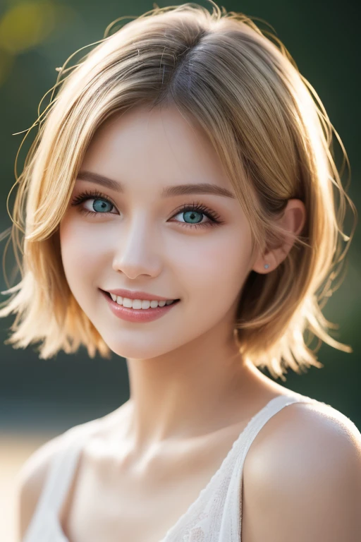 Realistic photo of a beautiful woman, 23 year old, smiling, blond short hair, big green eyes, fair skin, intricate detailed face, high quality, volumetric lighting