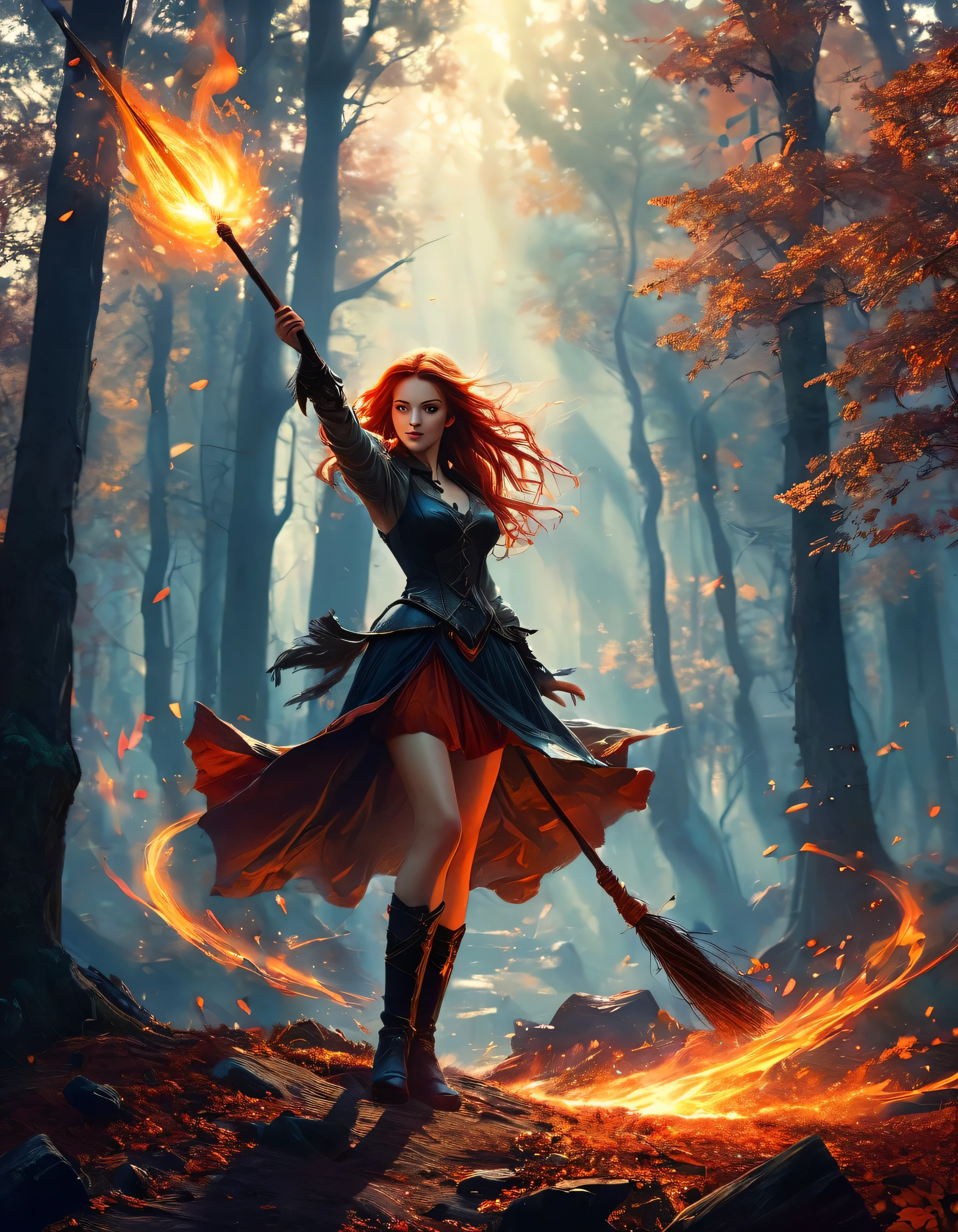 show beautiful Witch while flying on a broomstick with shining lights surrounding her in a medieval forest, color, wide shot, fiery red, red hair, shadow, medieval fantasy, high contrast color, lithography, 80s role-playing game cover art, noise, masterpiece, high quality, cinematic atmosphere, surroundings illuminated by magical light, dramatic lighting, magical sparks and embers in the air, a witch floating in the air, her broom following an ethereal light, an enchanting and powerful presence.