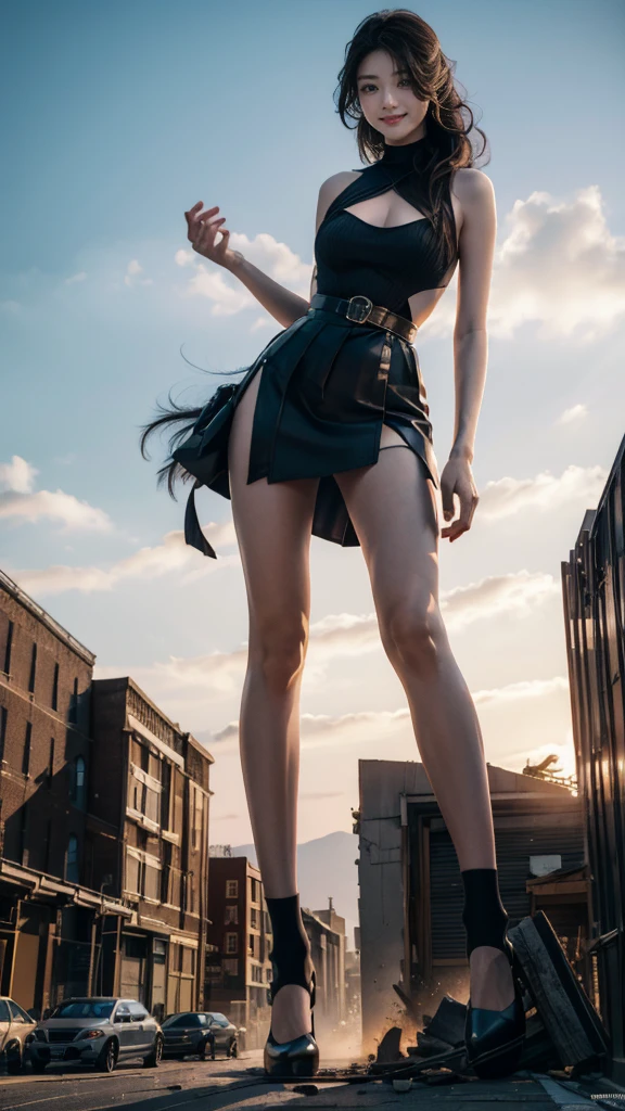 ground View，giantesscity,giant girl 50000 feet high，Have a pair of ultra long legs,(bending down),(antevert),a pair of huge breasts，Princess，mini skirt,black silk socks，Has black waist-length hair，Wearing a pair of Mary Jane heels，A look of enjoyment，standing on a ruins，Beautiful appearance，Exquisite makeup，quality，8k，High quality，Perfect proportion, Cinema lighting，film grain，Fuji colors，8k，textured skin，Super details，high detail，high quality，high resolution，explode，fake smile