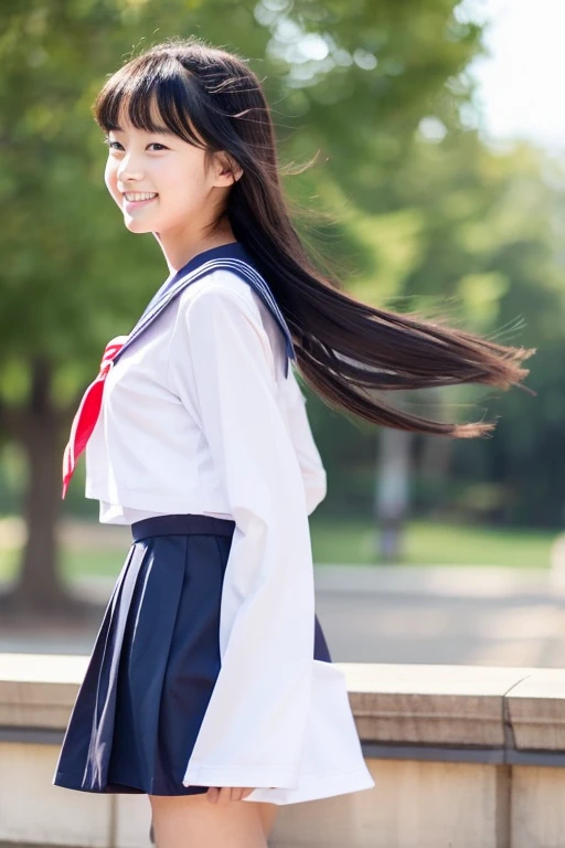 12 year old girl　Looking back and looking at viewer smile　whole body　Sailor suit　slender　Very long black hair　Strong winds　Her hair and skirt are flying in the wind　Neat and clean beauty face 