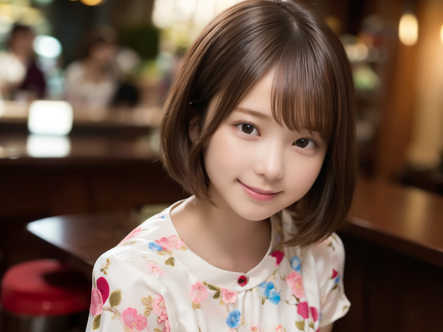 Ultra HD,((8K)),(1 Female:1.2 Beautiful and natural、High quality texture, Intricate details, Fine texture, High Detail, Highly detailed CG, High Quality Shadows, Realistic facial expressions, Beautiful and delicate face down to the last detail, Beautiful and delicate eyes, Brown pupil, A perfectly balanced face, Depth of written boundary, Cinematic Light, Lens flare, Ray Tracing,perspective, (Big eyes:1.2),Blushing cheeks, Perfect body,(Dutch Angle,Excellent anatomy,, elegant, ((Bright colors,)) 、Waist、Small Mouth、((Silk-colored clothes))、((bar))、((furubody))、((15 years old))、(very short hair/extra short),(night)、night景、(Ultra short hair)、((Berry Short))、(Straight bangs)、(Large Breasts)、((Mini dress short sleeve))、(smile)、((Shiny clothes))、((Floral clothes))、((Single))、((one person))、Silk clothing、