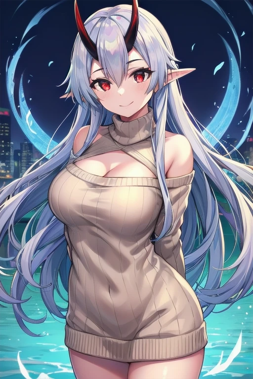 masterpiece, best quality, 1girl, tomoe gozen, torino style, glowing red eyes, smug smile, hair between eyes, silver long hair, elf, oni horns, sweater, bare shoulders, cleavage, hands behind back