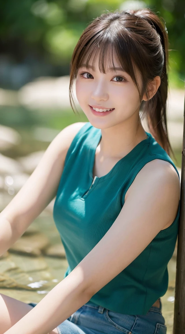 close-up of beautiful Japanese female, 20-year-old, cute, Japanese, Natural Lips, ponytail, wearing sleeveless shirt, at the stream side, bokeh background, UHD, perfect bodies, perfect arms, Perfect fingers, perfect legs, perfect hair, pores, Realistic skin texture, perfect teeth, full body, (highest quality, masterpiece:1.3, ultra high resolution), (Super detailed, caustics, 8k), (photorealistic:1.4, RAW shooting), 1 girl, (look at the camera with a smile)