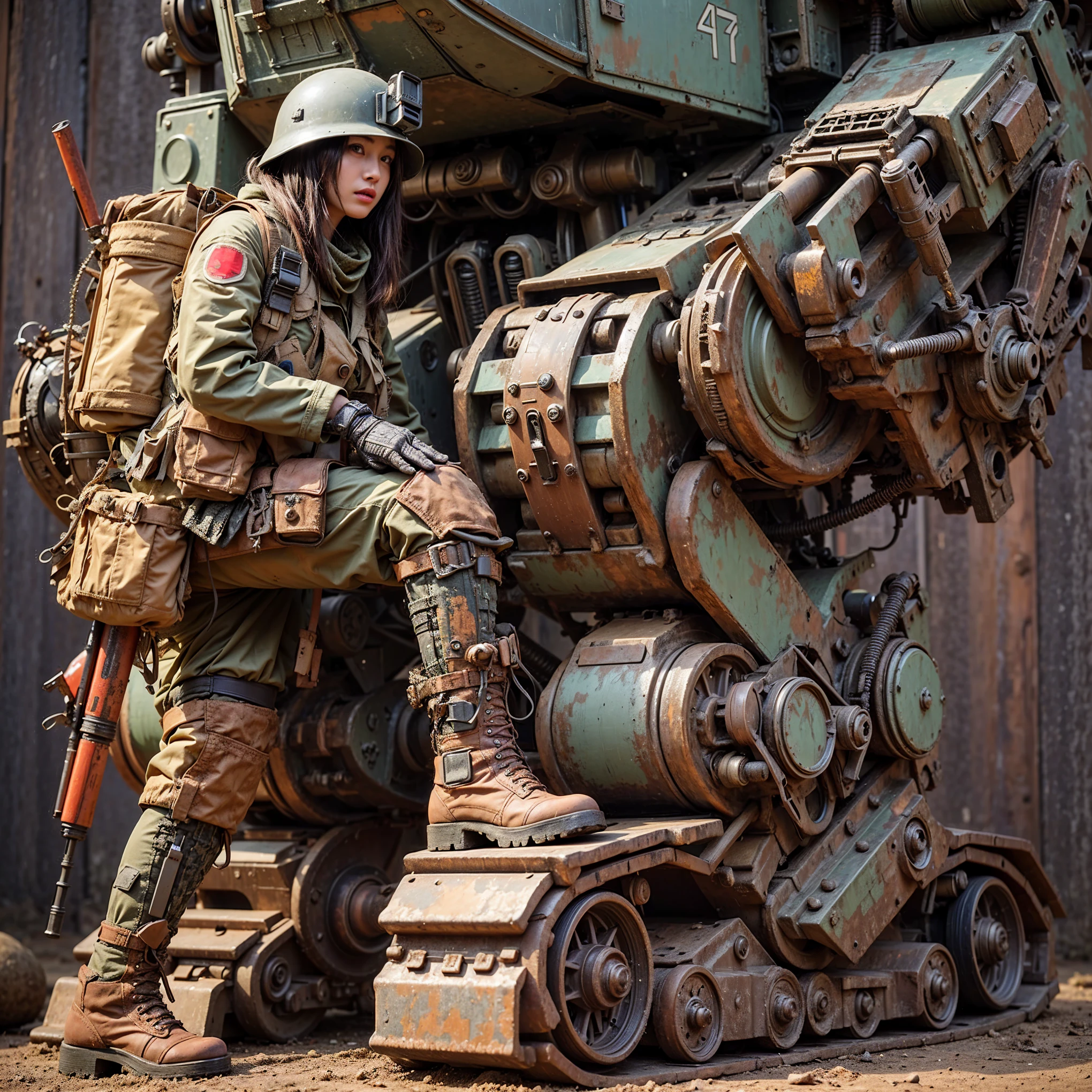((super intricate all details)),((super realistic all textures)),Overall photo of a female soldier sitting on a piece of fictional WWII Japanese military type weapon, beautiful face, dirty clothes, very intricate details, olive drab paint, peeling paint, weathering, rust, taken with Fuji film X-T30+Nokton. HDR10