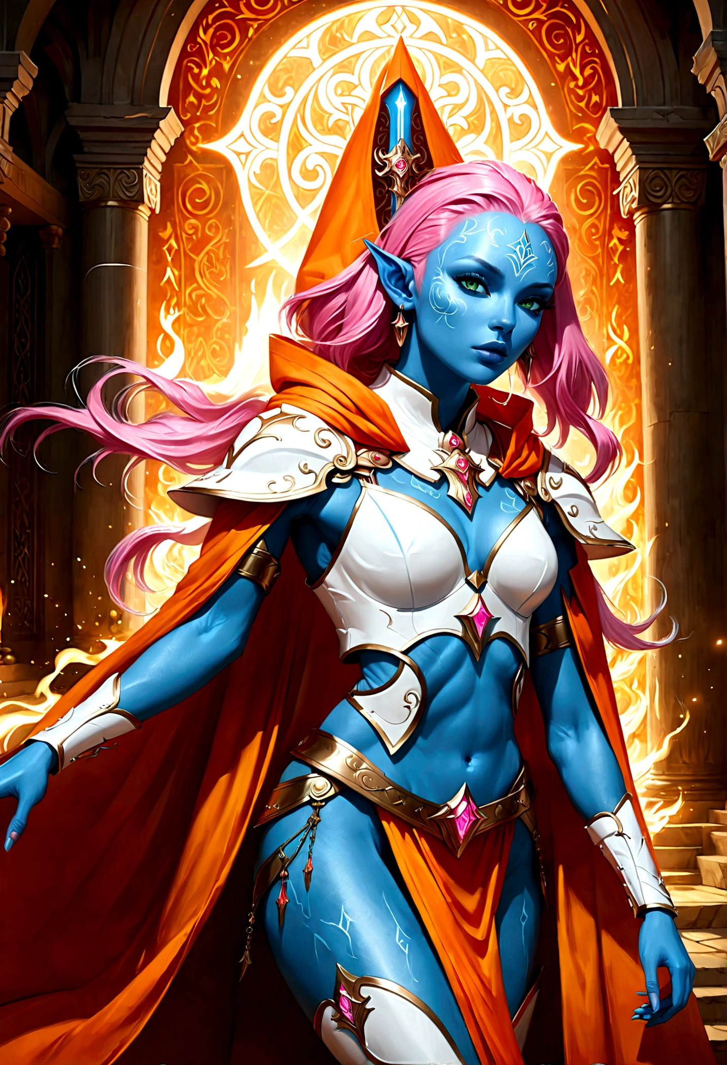 fantasy art, dnd art, RPG art, wide shot, (masterpiece: 1.4) a (portrait: 1.3) intense details, highly detailed, photorealistic, best quality, highres, portrait a female (fantasy art, Masterpiece, best quality: 1.3) ((blue skin: 1.5)), intense details facial details, exquisite beauty, (fantasy art, Masterpiece, best quality) cleric, (blue skinned: 1.3) female, (pink hair: 1.3), long hair, (no ears: 1.5), (green eyes: 1.3), armed with a fiery sword red fire, wearing (white armor: 1.3), wearing high heeled laced boots, wearing an (orange cloak:1.3), wearing glowing holy symbol GlowingRunes_yellow, within fantasy temple background, reflection light, high details, best quality, 16k, [ultra detailed], masterpiece, best quality, (extremely detailed), close up, ultra wide shot, photorealistic, RAW, fantasy art, dnd art, fantasy art, realistic art,((best quality)), ((masterpiece)), (detailed), perfect face,2d anime hand-drawn digital sketch style