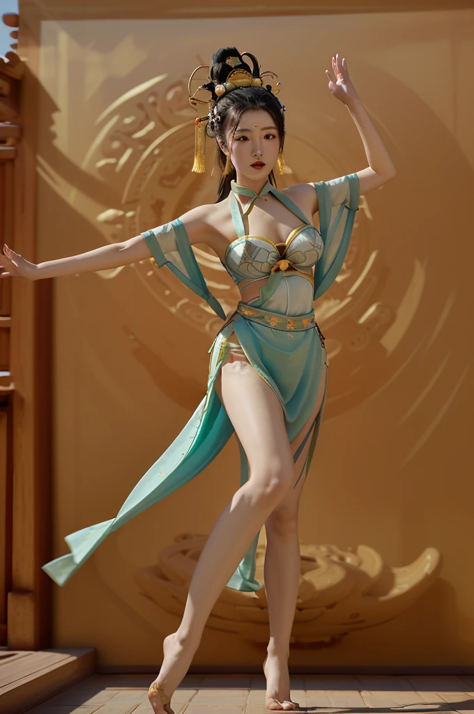 best quality, 8k, highly detailed face and skin texture, high resolution, big tits chinese girl in dunhuang costume dancing in dunhuang temple, full body, sharp focus