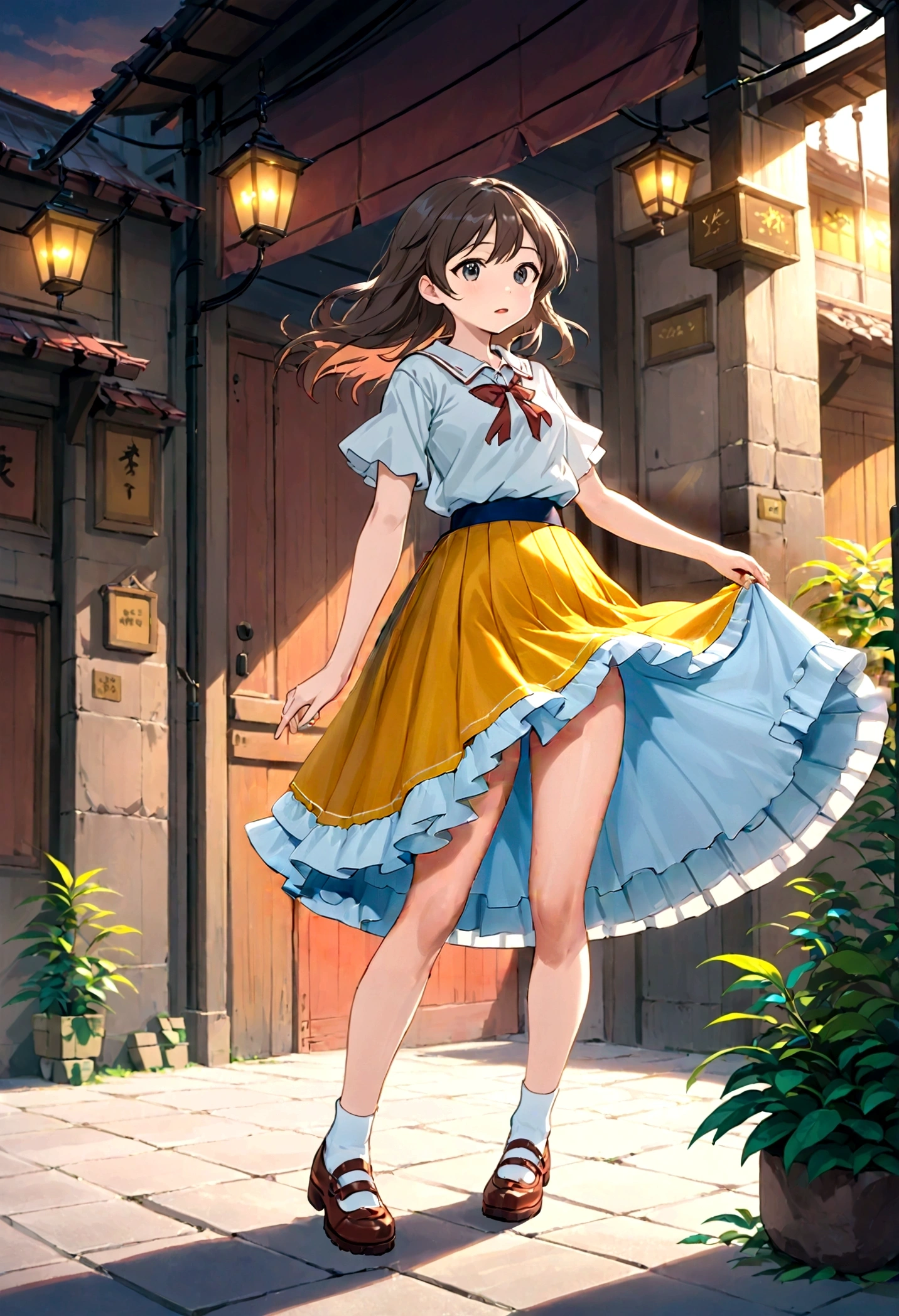 A skirt puffed up by the strong wind、、Skirt that is flipped、Trailing behind、
裏地がI can see it　、White lining、I can see it、Anime White Panties、Crotch is visible

