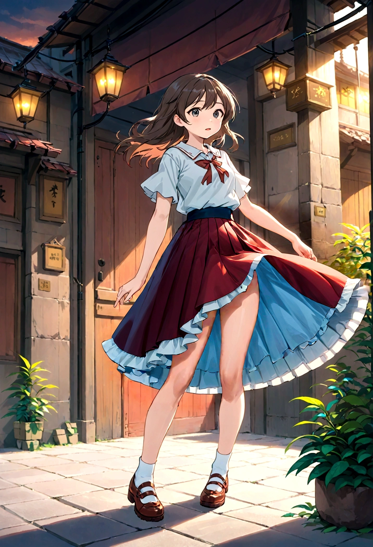 A skirt puffed up by the strong wind、、Skirt that is flipped、Trailing behind、
裏地がI can see it　、White lining、I can see it、Anime White Panties、Crotch is visible

