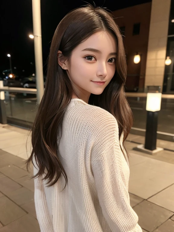 masterpiece, highest quality, High resolution,alone,Brown,artistic,Best lighting,Casual clothing,Flat Chest,Beautiful Face,expensive,smile,light makeup,Age 24,Calm woman,Detailed Hair,Laughing woman,Face Focus,Wavy Hair,Very white skin,Thin eyebrows,Woman in casual dress,outside,night,Background Bokashi,illumination,Low exposure,
