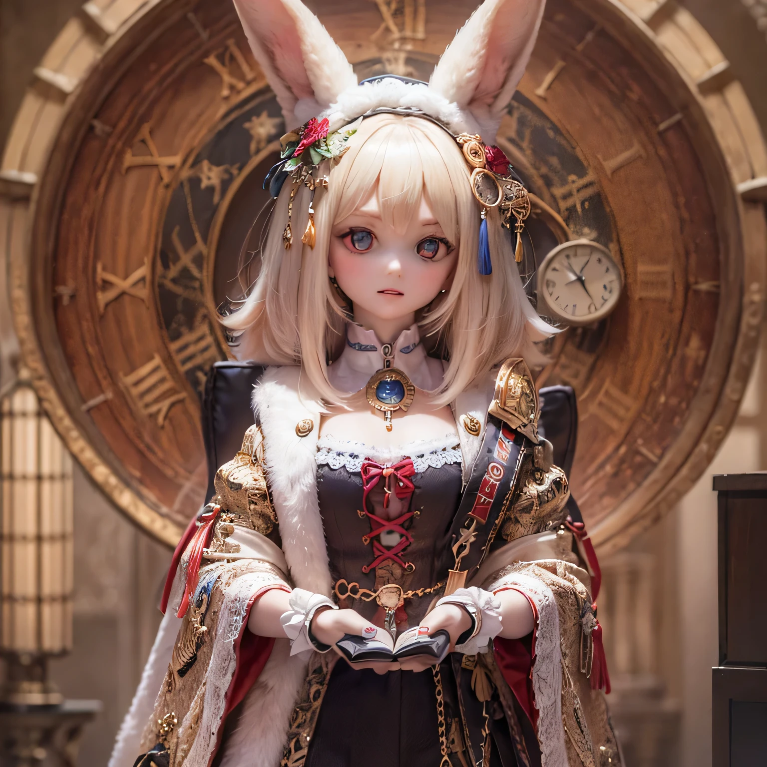 beautiful girl rabbit,1girl,rabbit ears,holding giant clock,wonderland,fantasy,detailed face,detailed eyes,detailed lips,extremely detailed,intricate details,cinematic lighting,dramatic lighting,warm colors,vibrant colors,photorealistic,highres,best quality,8k,masterpiece,digital painting,concept art,whimsical