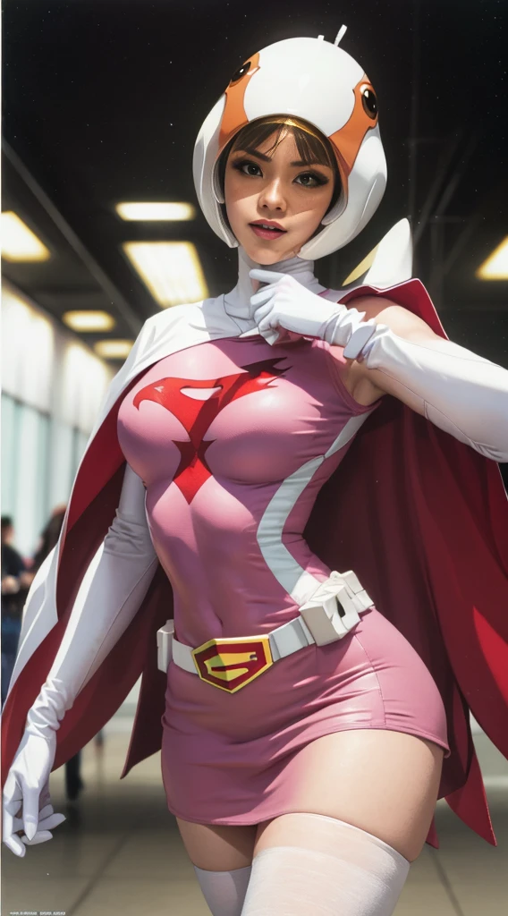 Straight,Pause,View Viewer,break, Year_Classic_Jun_Gatchaman_My Waifu,www.My Waifu.and, Long Hair,chest,Green Eyes,lips,medium chest,Blonde Hair,lipstick,compensate, gloves,Cape,Helmet,belt,elbow gloves,white gloves,mask,skirt,leotard,Spacesuit,White legwear,Pink Dress,Superhero,Bodysuits, Official Art,Highly detailed CG Unity 8k wallpaper, Perfect lighting,colorful, bright_front_face_Lighting,Shiny skin, (masterpiece:1.0),(Highest_quality:1.0), 超High resolution,4K,Super detailed, photograph, 8k, High resolution, High resolution, (Absurd:1.2), Kodak Portrait 400, Film Grain, Blurred Background, (Bokeh:1.2), Lens flare, (Vibrant_color:1.2),プロのphotograph, (beautiful_face:1.5),