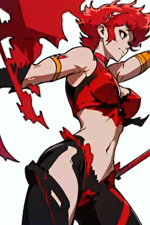 Blossom From Powerpuff Girls as a Violent Mature Themed Action Anime, Red Hair:1.2, Sexy Powerpuff Girls Anime, bloody battle damage and wear, NSFW:1.2, ecchi Damaged and Ripped clothes, pink and black clothes, one nipple revealed through nsfw rips in clothes:1.2