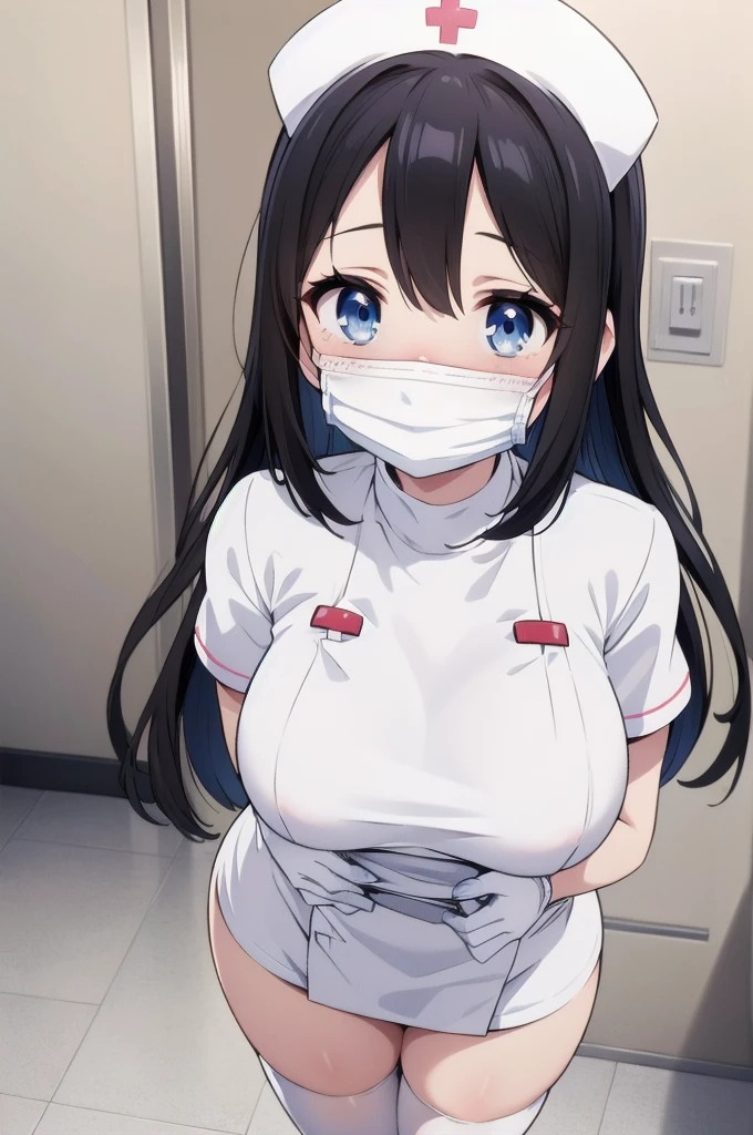 nonna, black hair, long hair, blue eyes, large breast, solo, nurse, ((white nurse cap, white nurse's outfit)), ((white legwear, zettai ryouiki)), white gloves, ((white surgical mask, covered nose)), standing, hospital room, sharp outline, short sleeves, best quality, masterpiece