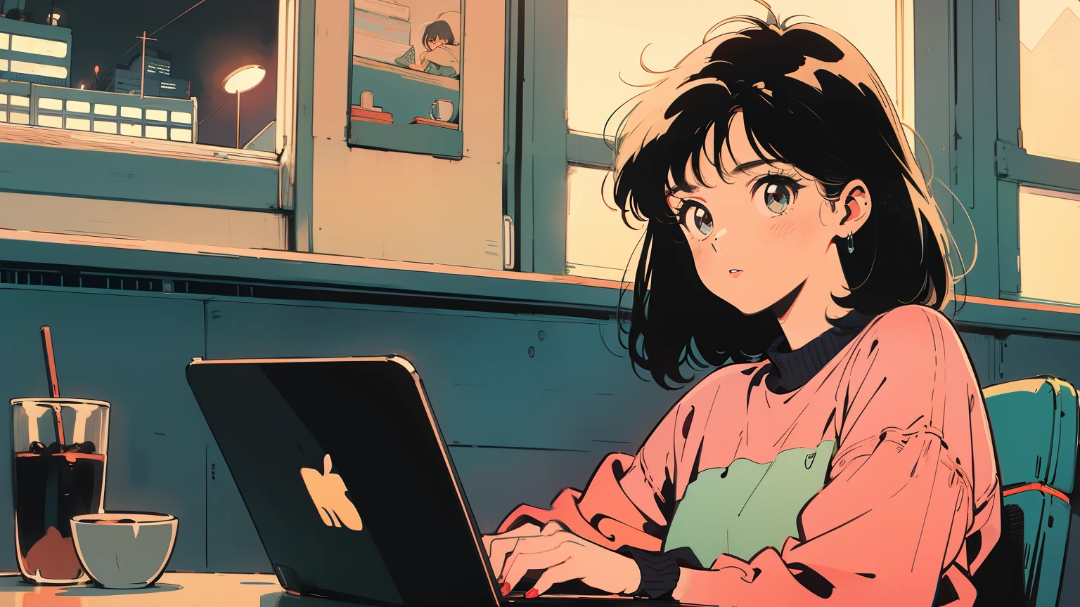 best quality, 4K wallpaper, masterpiece, extremely detailed CG unity 8k wallpaper, extremely detailed eyes, ultra-detailed, intricate details, retro, city pop, A window with a night view, a relaxed atmosphere, a brunette girl, many books, a cup of coffee, and a laptop