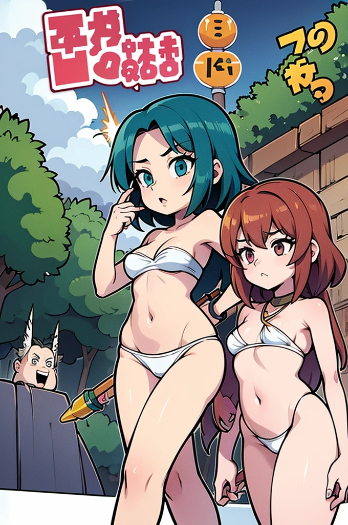 un par de adolescentes hermosas una peli rosa cabello rosa, con una arpa de arma, y la otra peli verde cabello verde con una flauta como arma. anime manga.