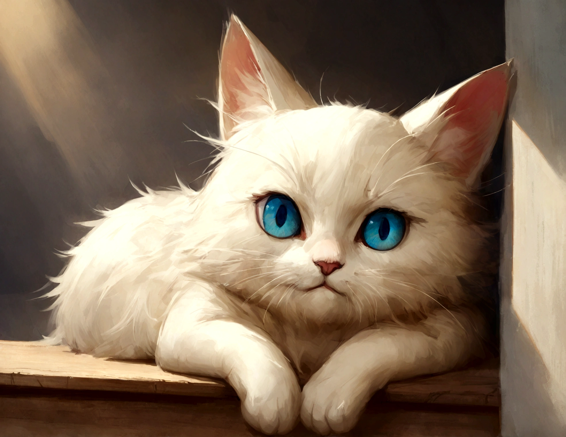 the cat is sitting, Sora like a cat, lovely digital painting, Disney&#39;s white Bambi cat, anime visual of Cute cat, pixar 제작, Erin Hunter, Anatoh Pinstak. pixar, very realistic, White cat, realistic animated cat, sad cat, White cat, very very realistic, Cute cat, big eyes