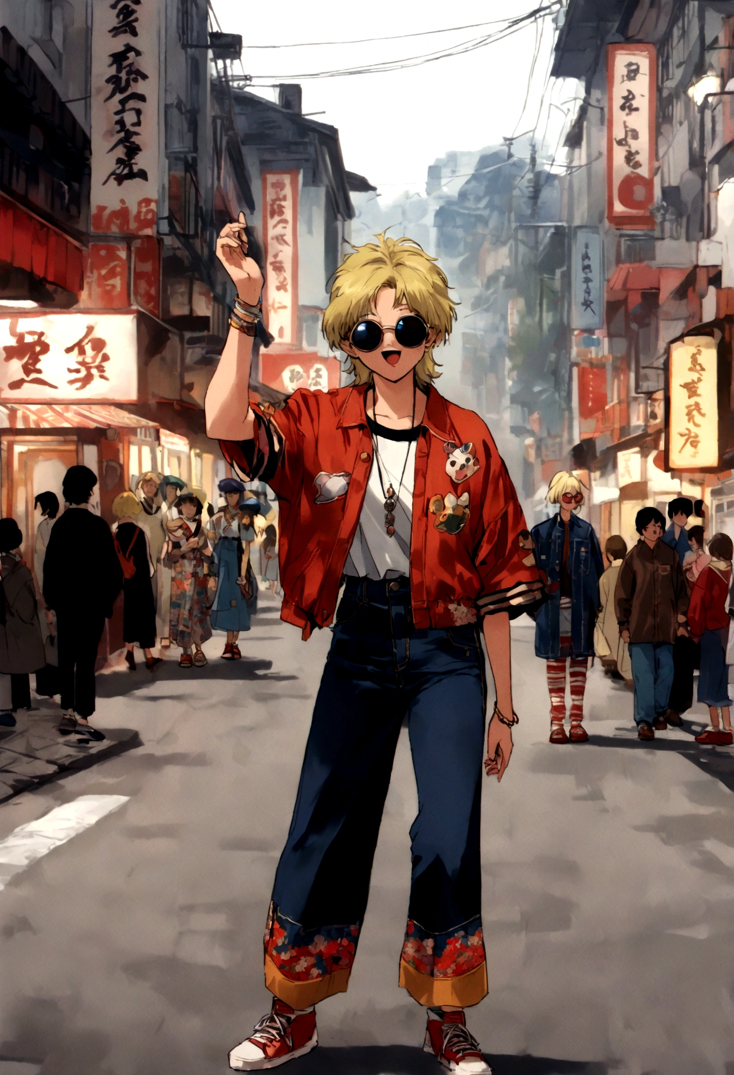 (masterpiece, Street Snap Style:1.2), A nostalgic image that captures the essence of the Japan of the 1980s, (Dynamic urban environment:1.3), (Lively city streets with retro signs:1.2), (Pedestrian in vintage fashion:1.1), (Vibrant atmosphere:1.2), (Bustling crowd in the background:1.1), (Neon lights illuminate the scene:1.2), (Old-fashioned arcades and colorful storefronts:1.1), (Authentic street food stalls:1.2), (people々and an eclectic combination of cultures:1.1), (Young woman with blonde hair and retro outfit:1.2), (High-waisted mom jeans:1.1), (Oversized denim jacket with patches:1.2), (Layered Vintage T-Shirt:1.1), (Chunky sneakers and colorful socks:1.2), (Playful accessories:1.1), (Round sunglasses with tinted lenses:1.2), (Vintage film camera with wide-angle lens:1.1), (Capture candid moments of everyday life:1.2), (Film grain and soft vignette effect:1.1), (Add a nostalgic touch:1.2), (It is an image that creates a retro urban atmosphere:1.1), (Take your audience back in time:1.2), (A snapshot of Japan street culture in the 1980s:1.1), (Celebrating the fashion and spirit of the times:1.2), (Immerse the audience in the charm of a bygone era:1.1).