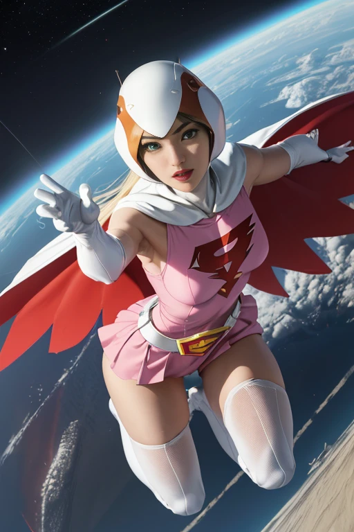 Year_Classic_Jun_Gatchaman_My Waifu,One girl, 18-year-old,Excellent anatomy, masterpiece, highest quality,Realistic, hyperRealistic, 16K HDR,
Long Hair,chest,Green Eyes,lips,large chest,lipstick,compensate,gloves,Cape,Helmet,belt,elbow gloves,white gloves,mask,Ultra mini skirt,leotard,Spacesuit,White legwear,Pink Dress,Superhero,Bodysuits,chestの谷間,Erect nipples,(Fighting Pose:1.2),(Spread your legs),Camel Toe,Sweat,smile,Spaceship,Nipples are visible through the,Raise your hand,(From above:1.2),