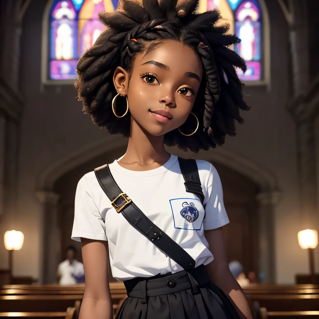 masterpiece, best quality), deep ebony 1girl, beautiful face, short Afro braids , cute, , beautify, Lofi vibe,, cute night vibe, concentrated, hands outside of the picture, Christian ,church vibe , smart clothing, cute look, clothing is dry and baggy, small breasts, teen vibe, cute smile, 