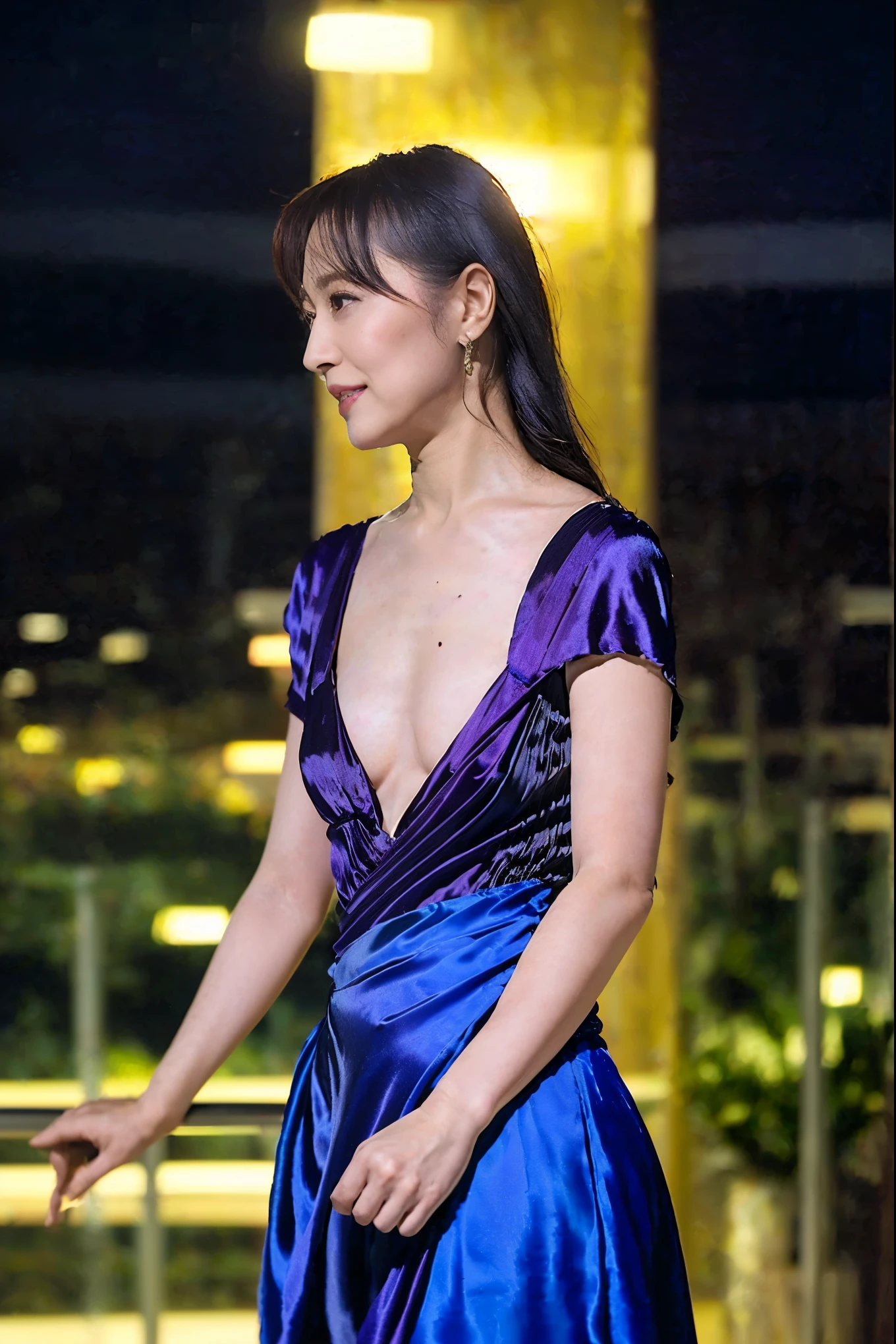 ((highest quality, 8K, Ultra high definition)), ((masterpiece: 1.3)), (Perfect appearance), (Photorealism: 1.6), (1人のJapanese Mature), (60 years old, Japanese Mature), (A Japanese woman standing on a balcony looking at the night view: 1.6), (Sideways figure of a woman: 1.4), (profile: 1.4), (Late Night: 1.2), ((A woman standing at the edge of the screen: 1.6)), (Standing with both elbows leaning on the railing: 1.2), ((Realistic skin texture)), (Fine wrinkles all over the skin, Dull skin, Unmoisturized skin, Wrinkles around the eyes, double eyelid, Lower eyelid tear trough, Crying Mole, Dimples), Slightly parted lips, (Short bangs), (Party Hair Set: 1.2), (A dress with a plunging neckline: 1.4), (A dress with a loose fit on the top: 1.4), (Lightweight silk draped neck long dress: 1.6), (Bust up portrait: 1.4),