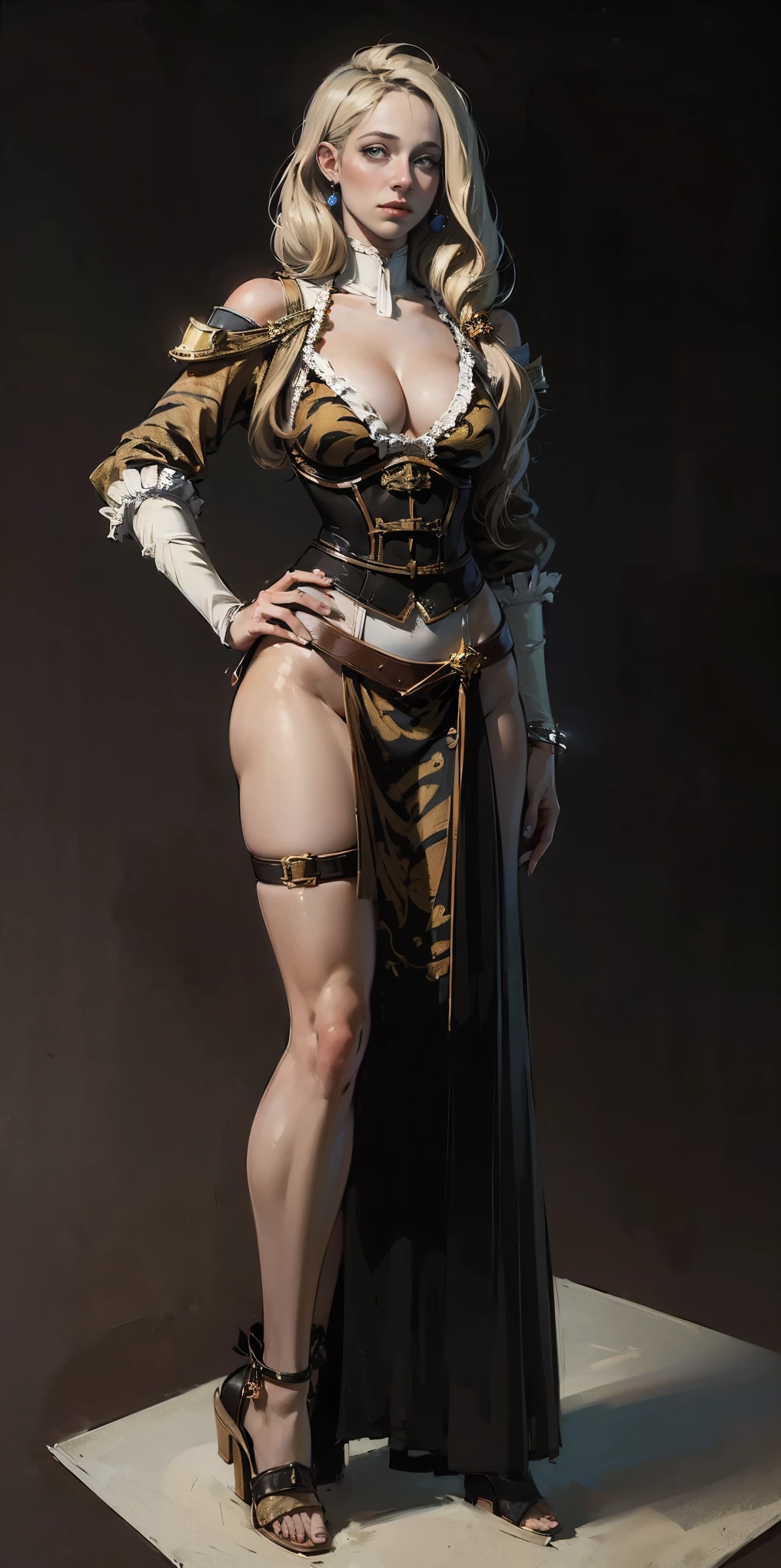 ((Masterpiece, plain background,1:2)) full body standing with separate yellow tiger print stockings thighs and sleeves, yellow tiger bikini print,, choker slave collar, metal sandals, big knockers, cleavage, separate sleeves, leather corset, hands on hips, shackles bracelets, slave red crest, loincloth standing, metal sandals, big belt, view from below, feet together, bracers, standing contrapposto straight symmetrical looking to viewer