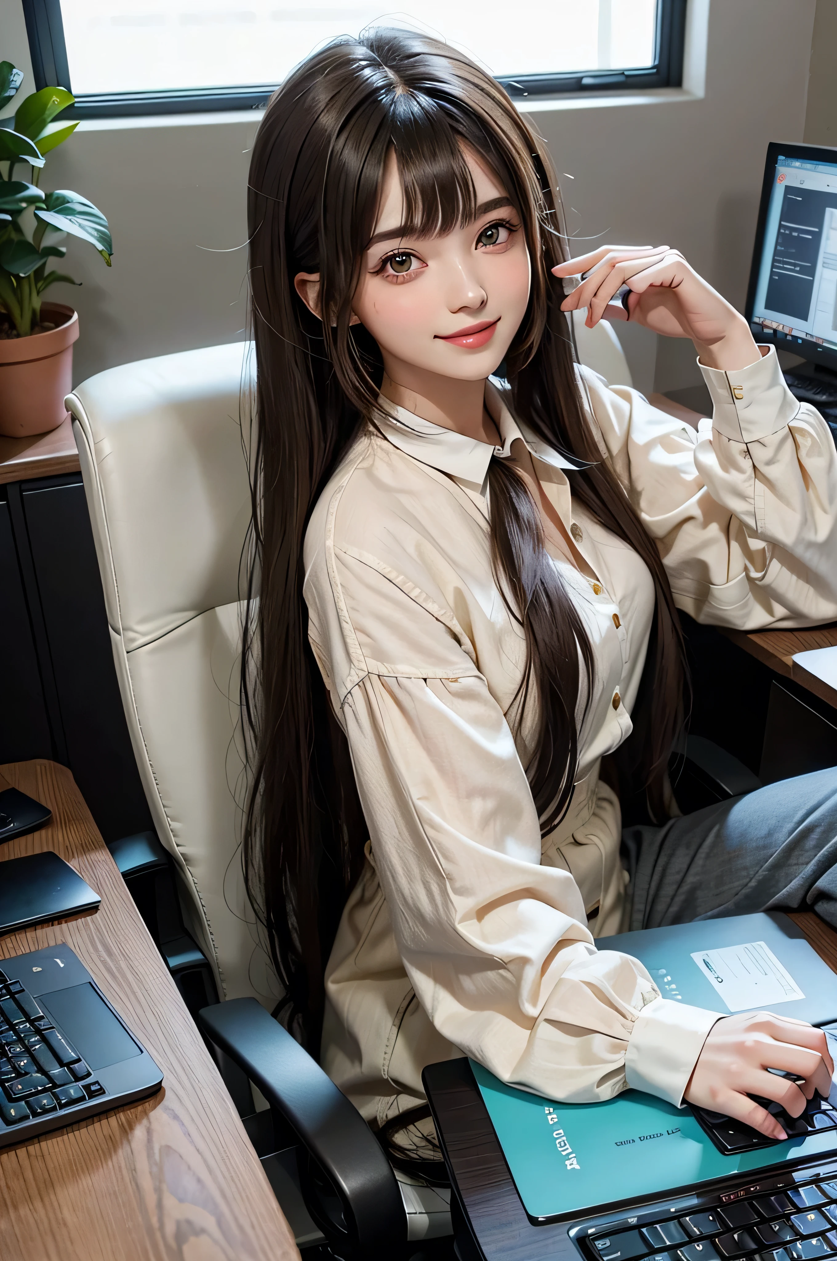 1 , lily, twintails, brunette color hair, By bangs, casual cute dress, flower, 20-year-old female model, Princess, Smile, using a computer in a big office, secretary