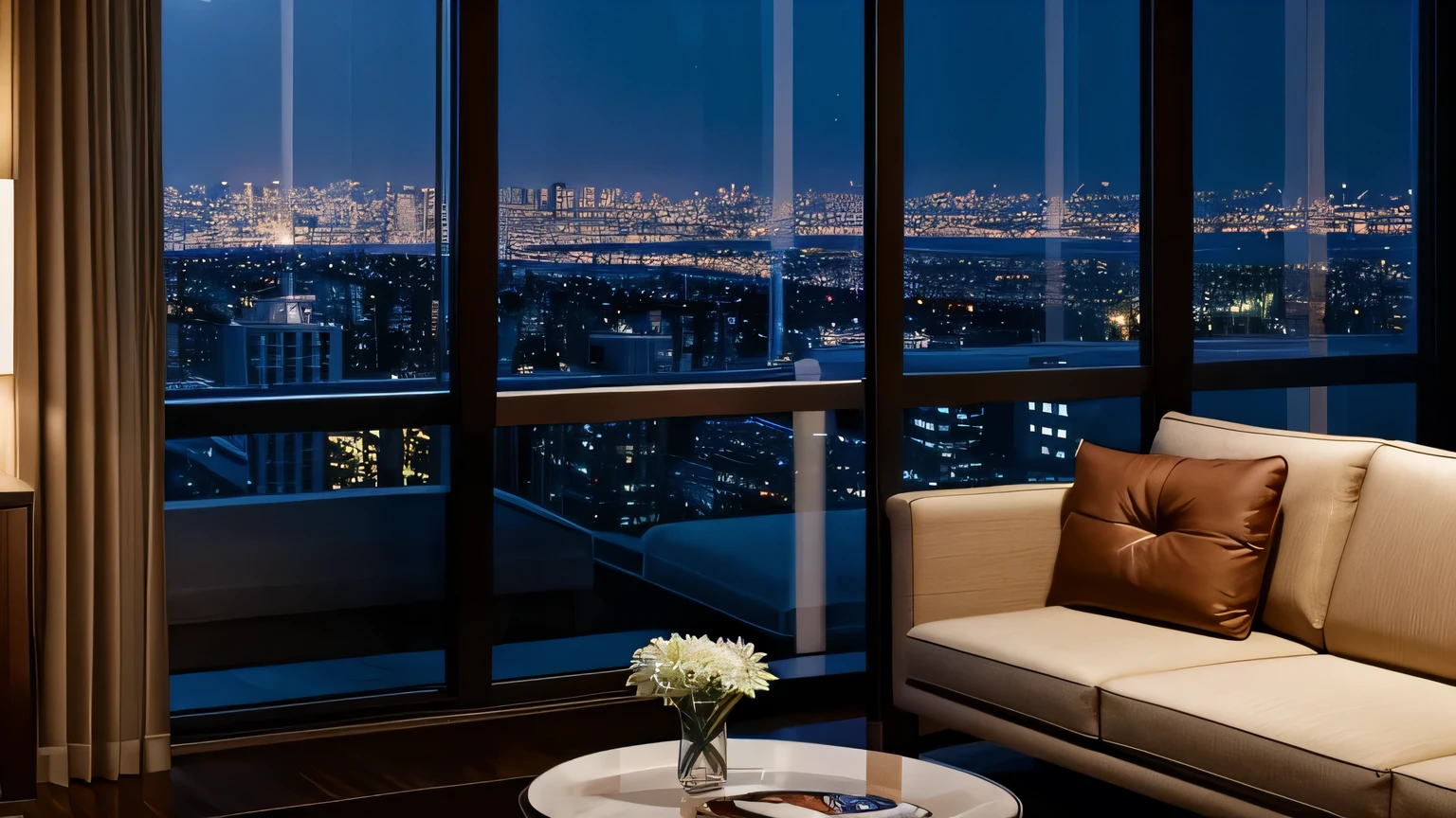 Living room in a luxury high-rise apartment、night、I can see the night view from the window、Photorealistic、8Ｋ、